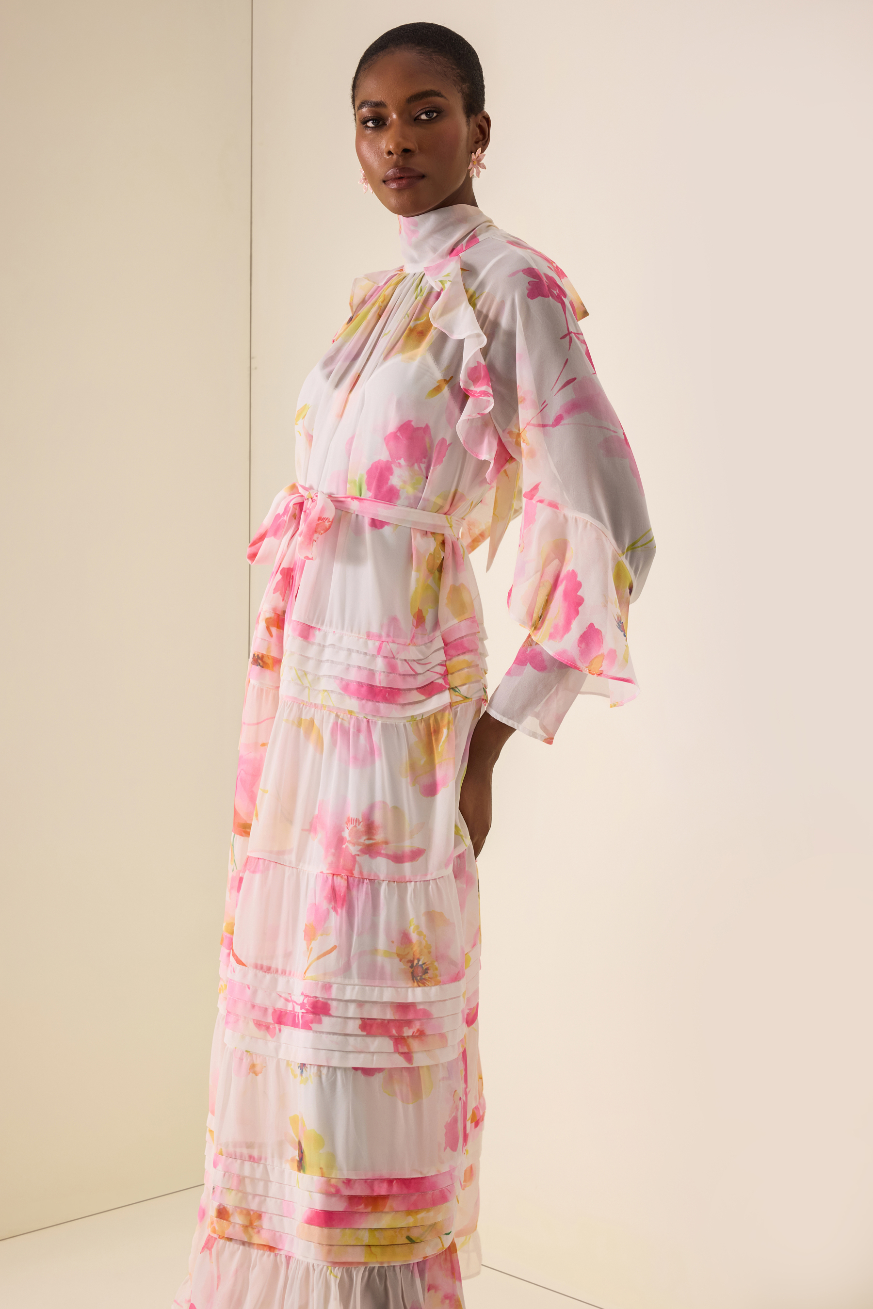 Floral Pleated Frill Midi Dress