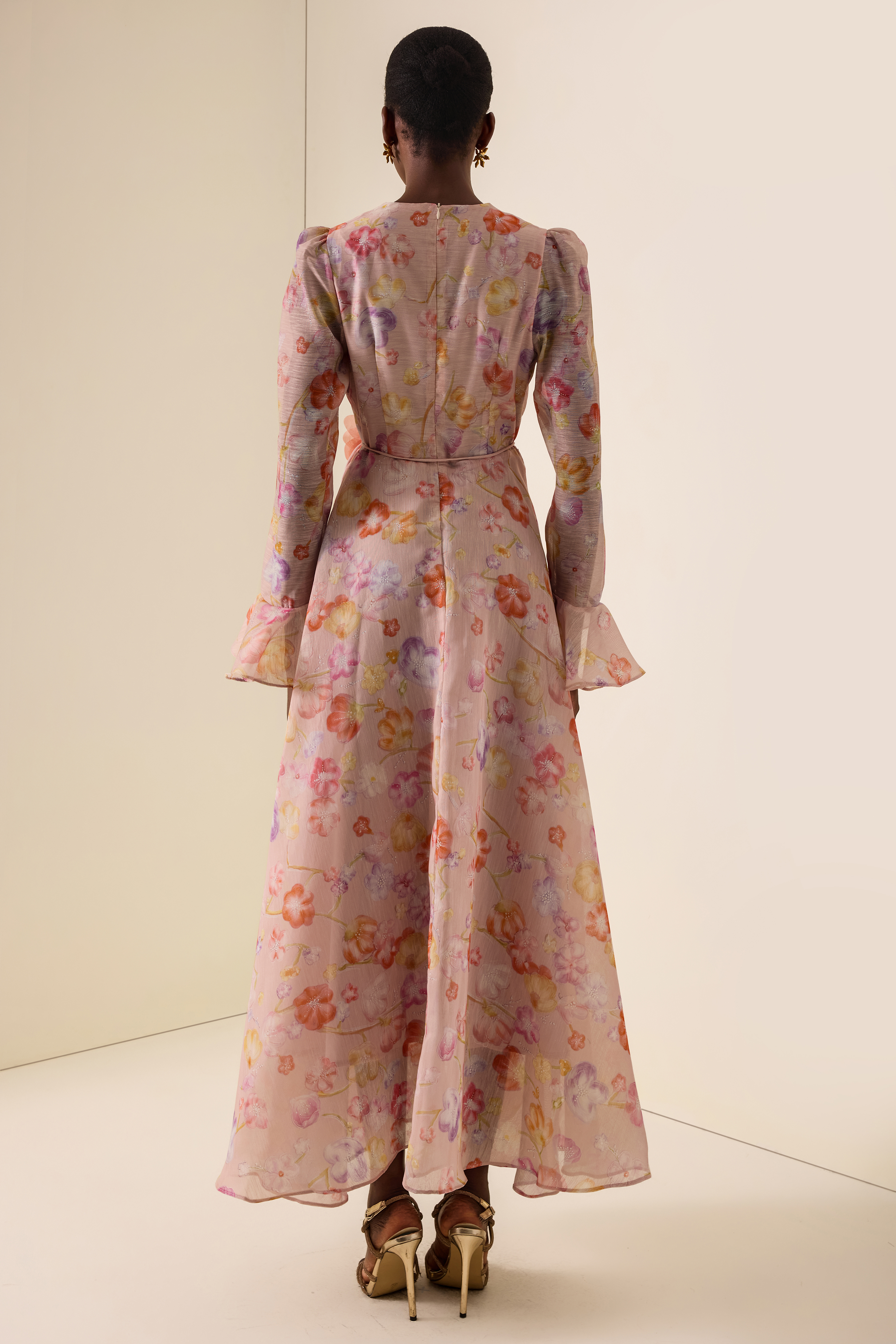 Floral Print Lace-Up Bell Sleeve Midi Dress