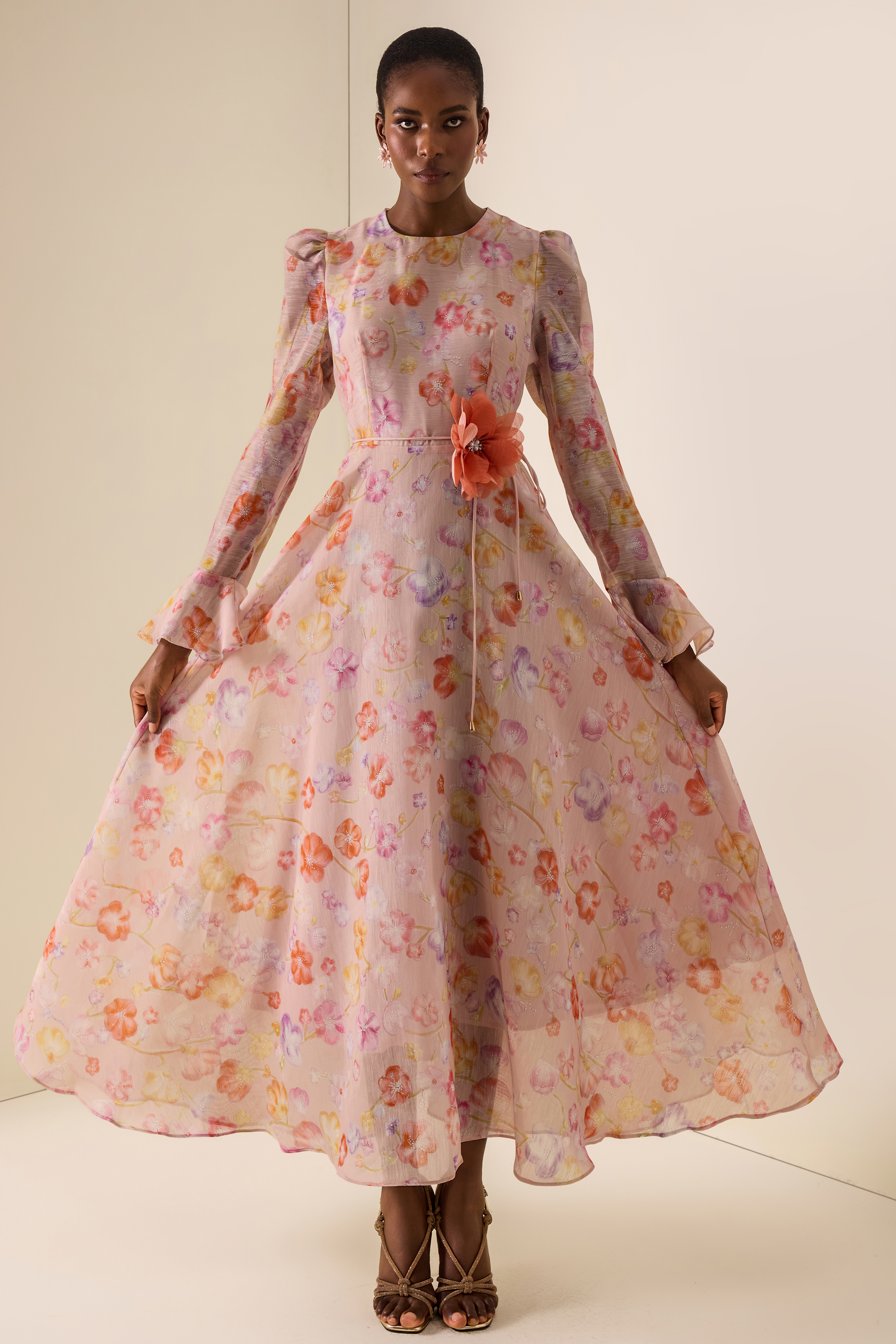 Floral Print Lace-Up Bell Sleeve Midi Dress