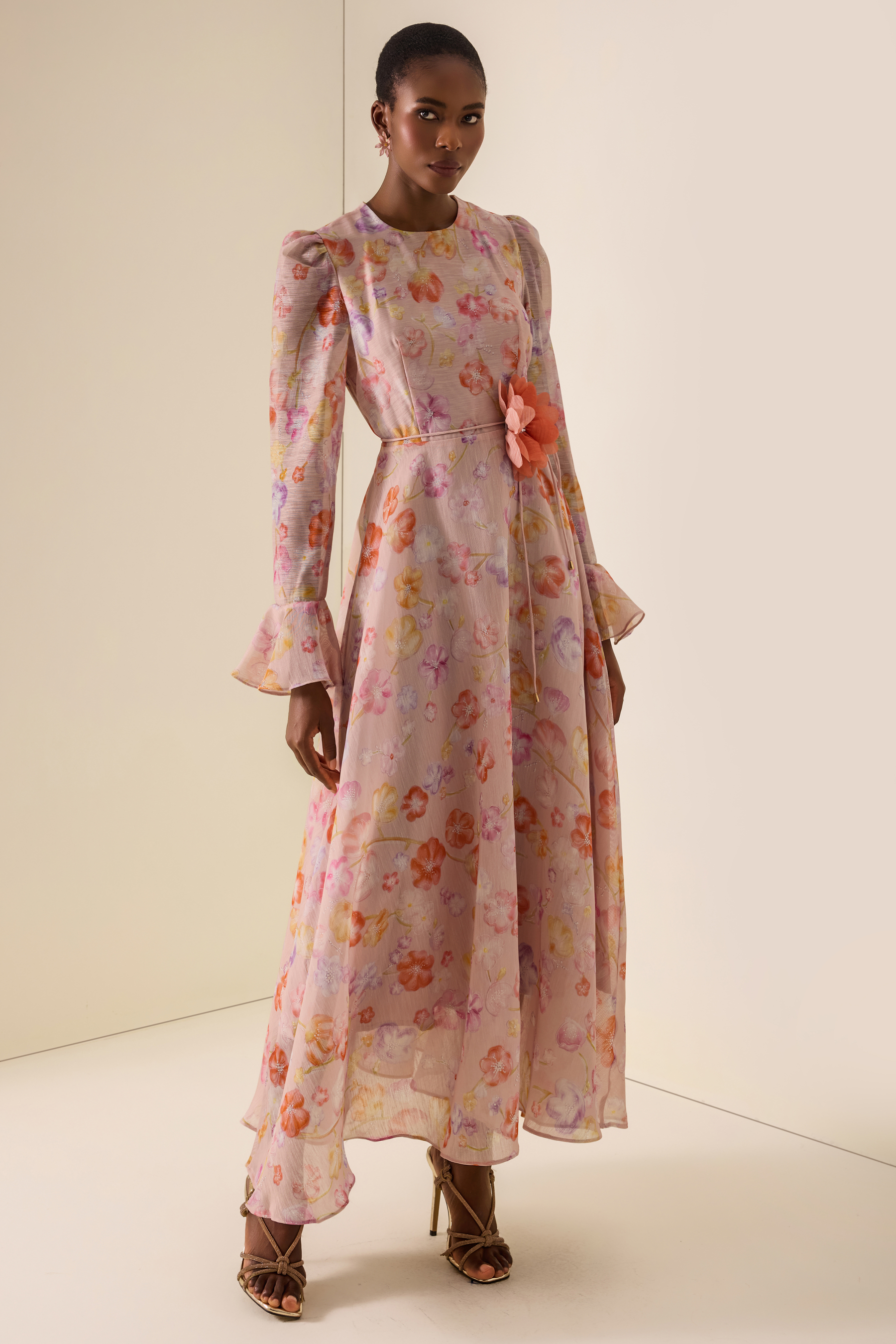 Floral Print Lace-Up Bell Sleeve Midi Dress