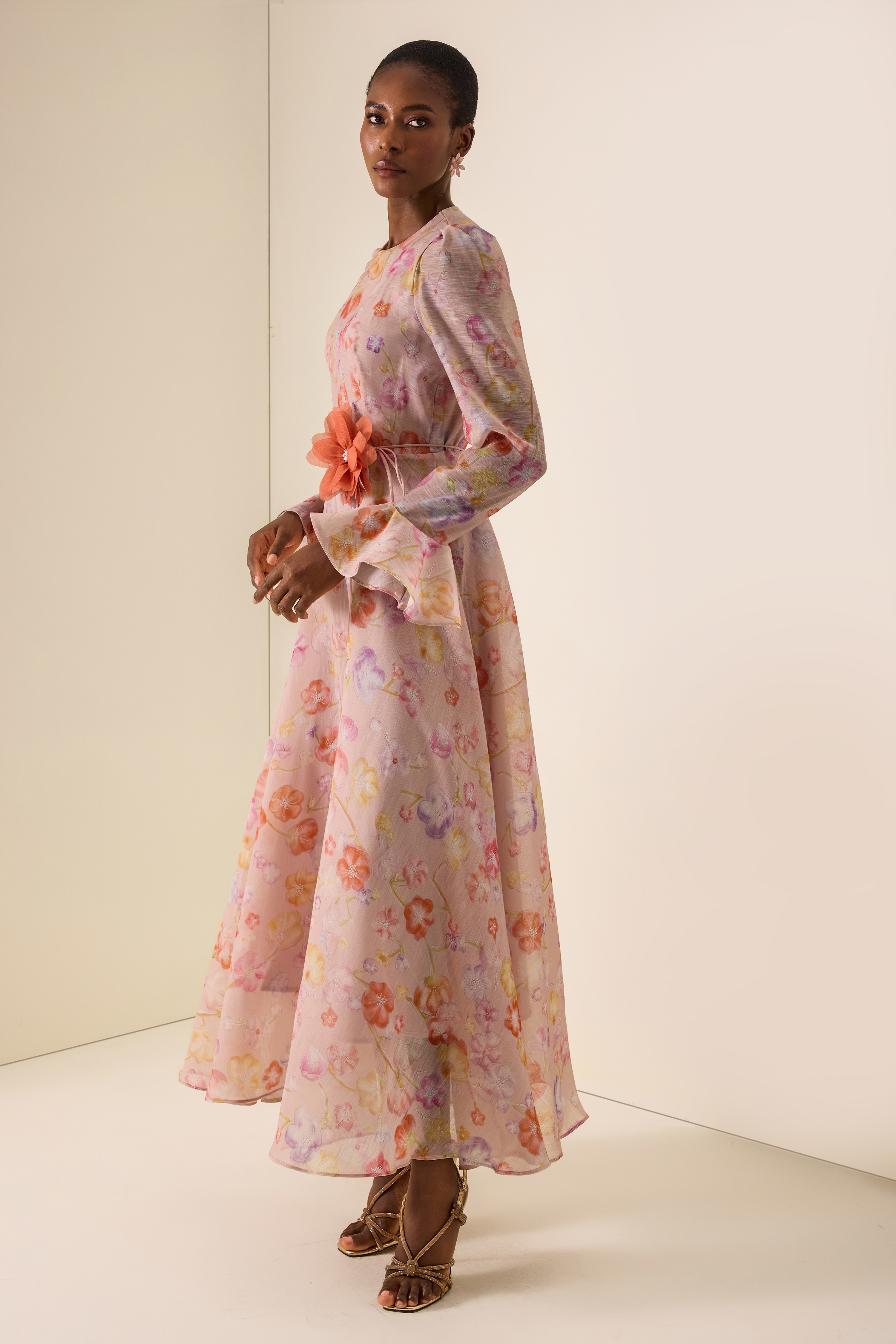 Floral Print Lace-Up Bell Sleeve Midi Dress