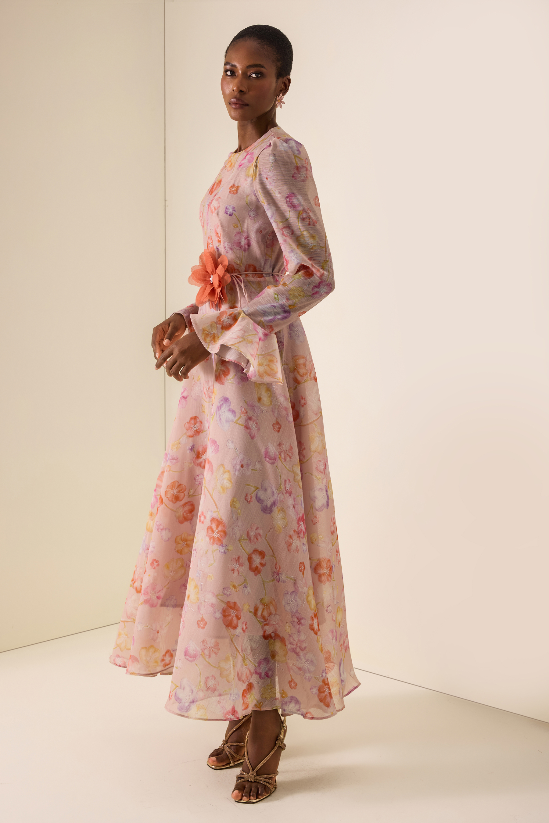 Floral Print Lace-Up Bell Sleeve Midi Dress