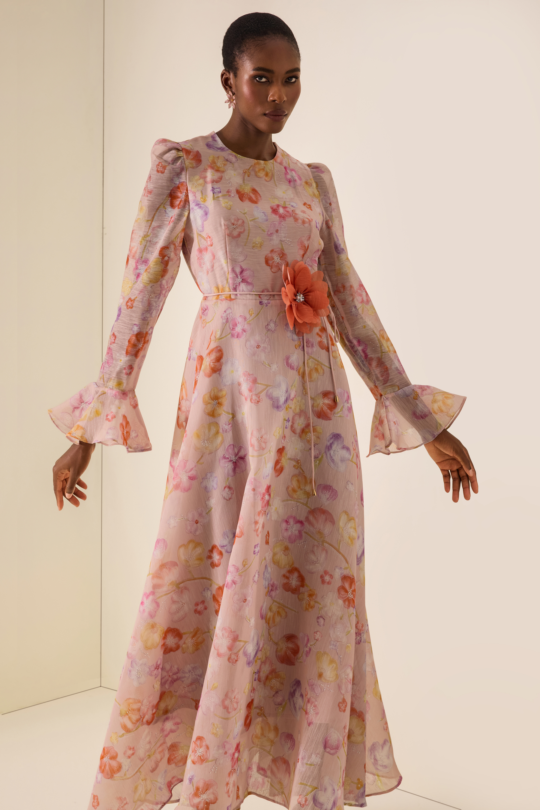 Floral Print Lace-Up Bell Sleeve Midi Dress