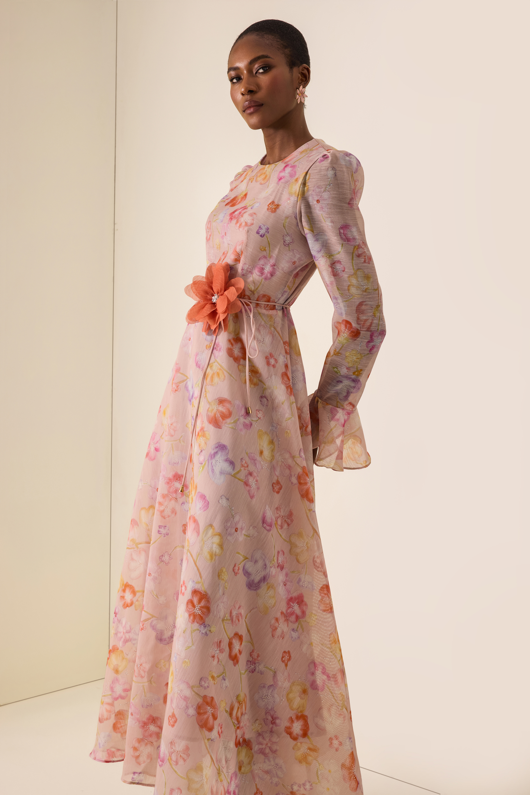 Floral Print Lace-Up Bell Sleeve Midi Dress