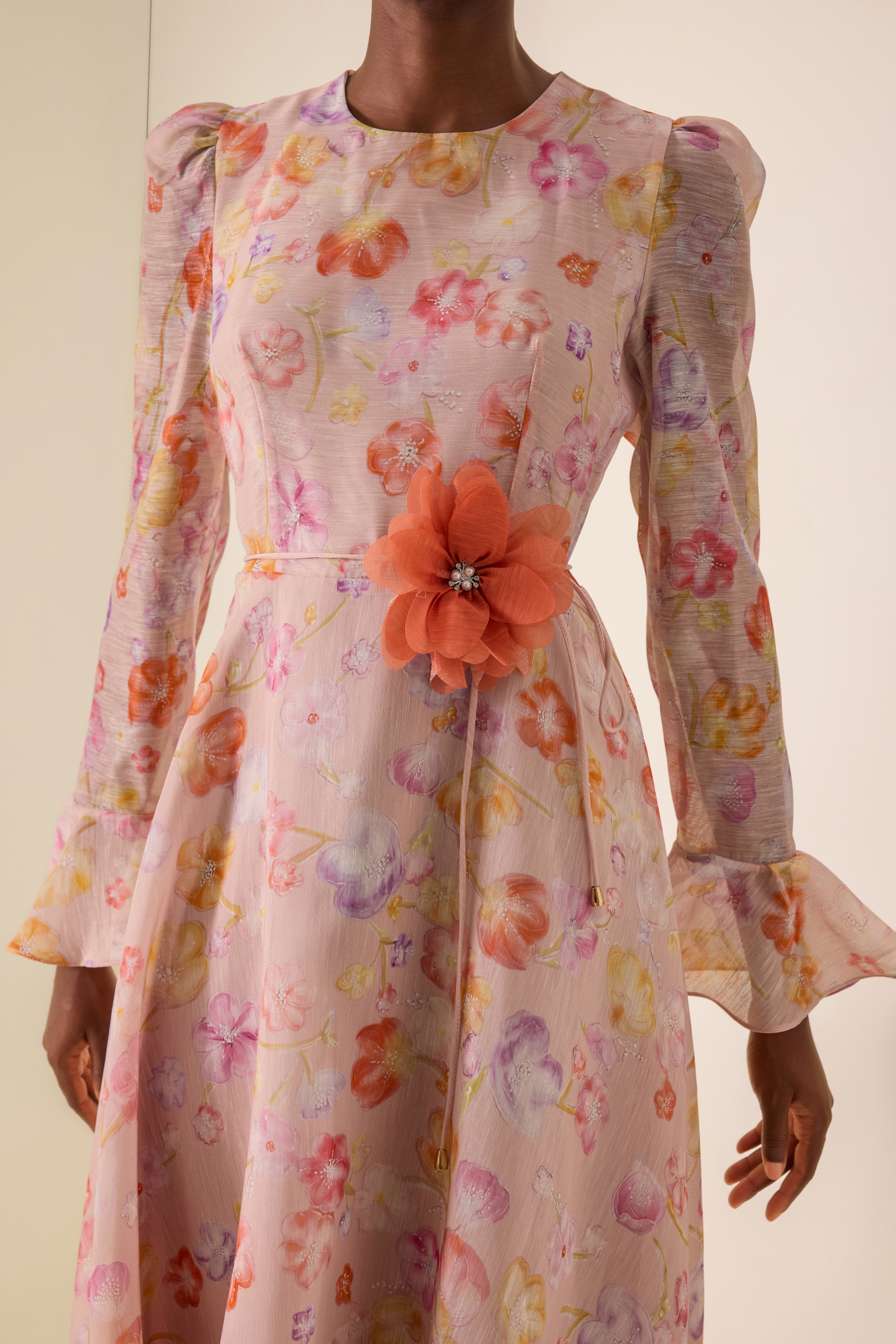Floral Print Lace-Up Bell Sleeve Midi Dress