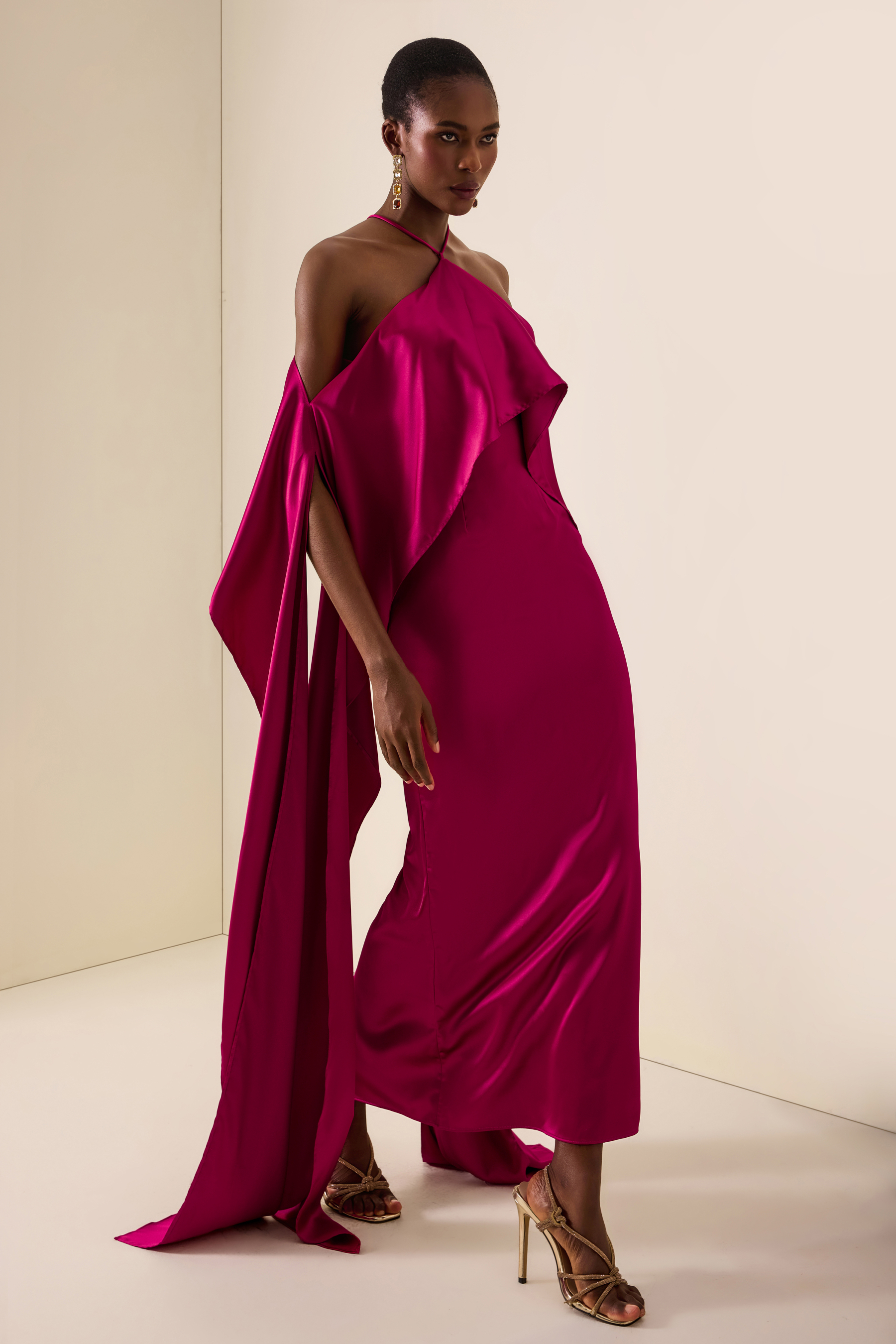 Satin Ruffle Halter Neck Maxi Dress