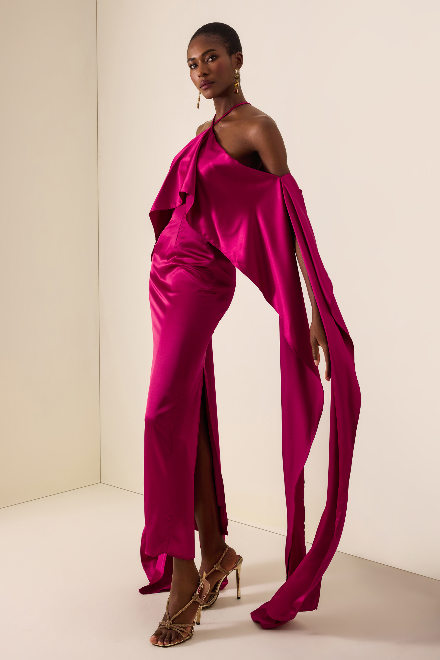 Satin Ruffle Halter Neck Maxi Dress