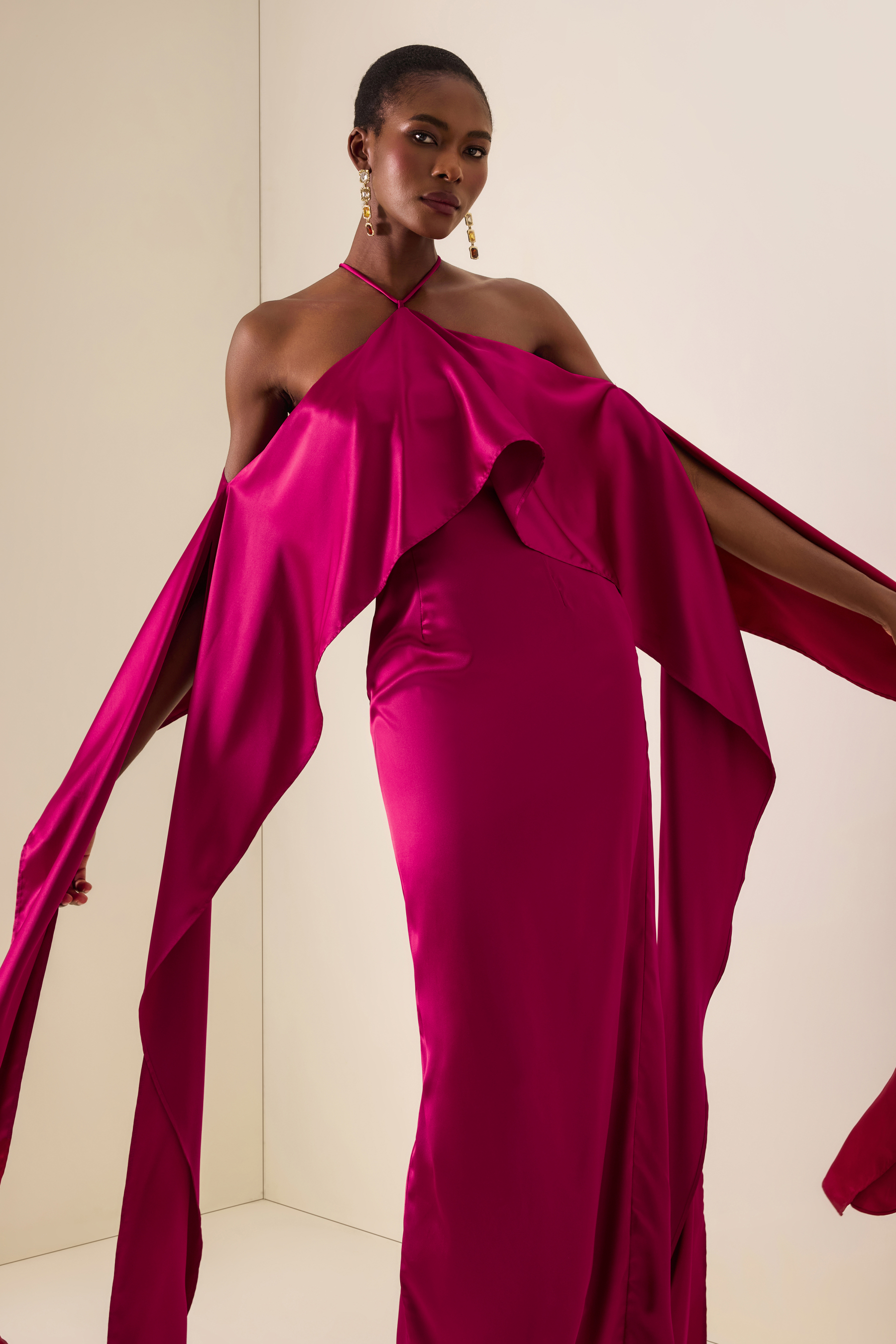 Satin Ruffle Halter Neck Maxi Dress