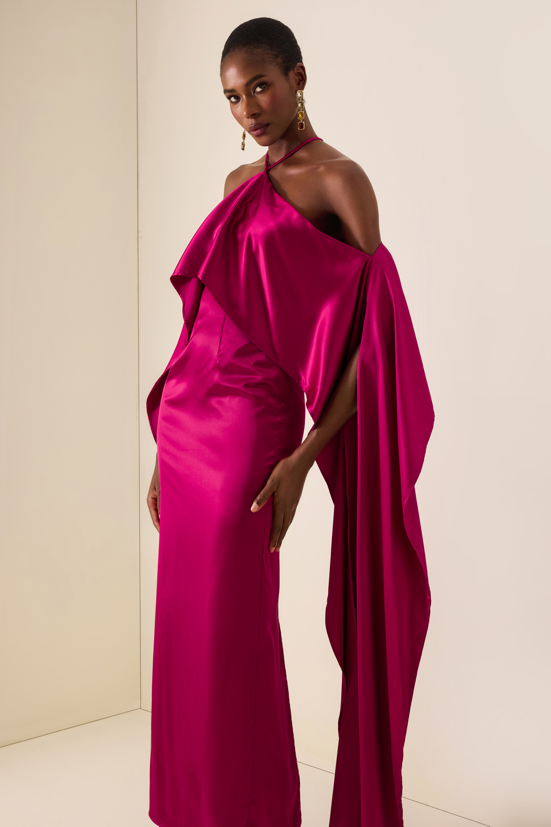 Satin Ruffle Halter Neck Maxi Dress