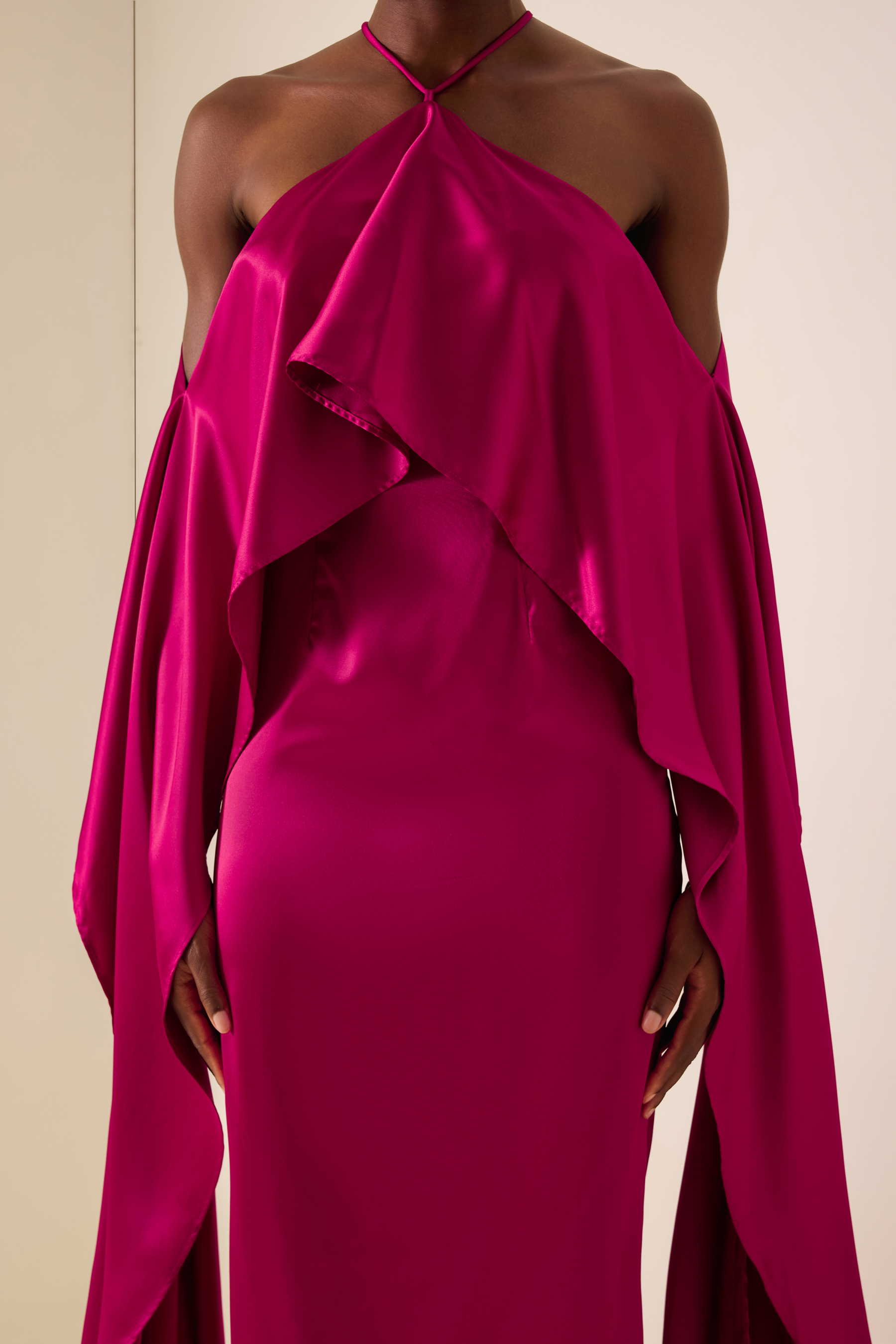 Satin Ruffle Halter Neck Maxi Dress