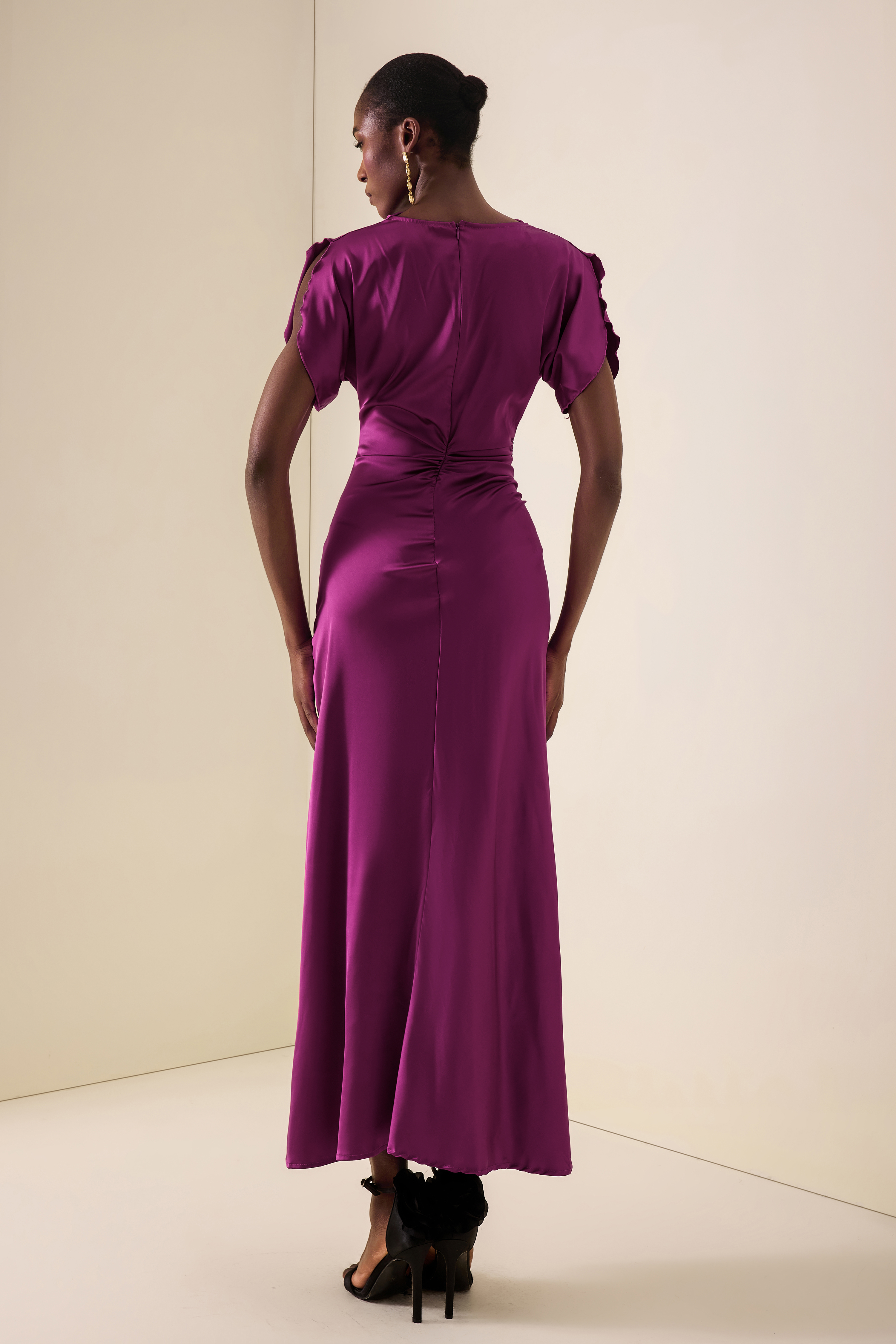 Satin Solid Ruched Maxi Dress