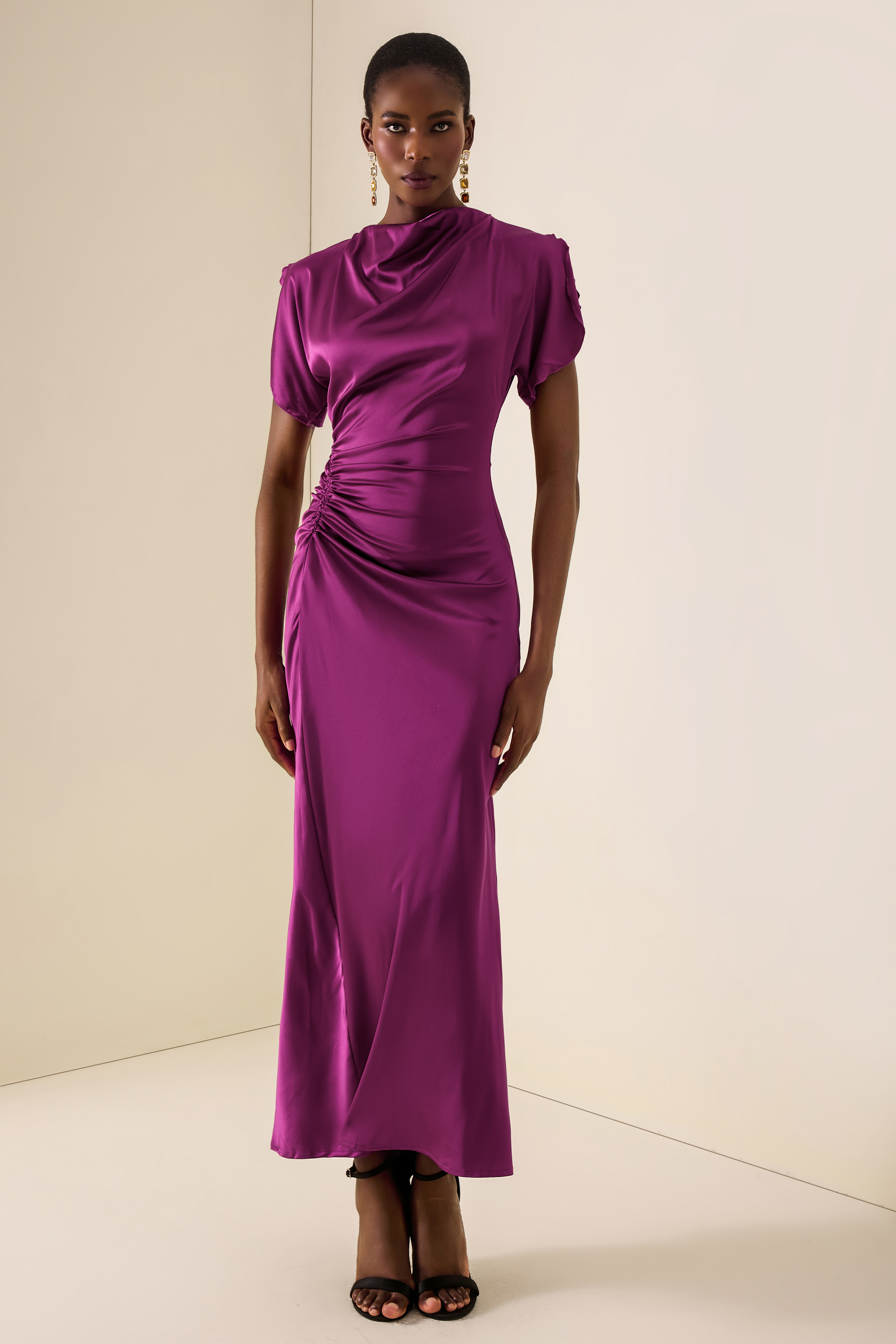 Satin Solid Ruched Maxi Dress