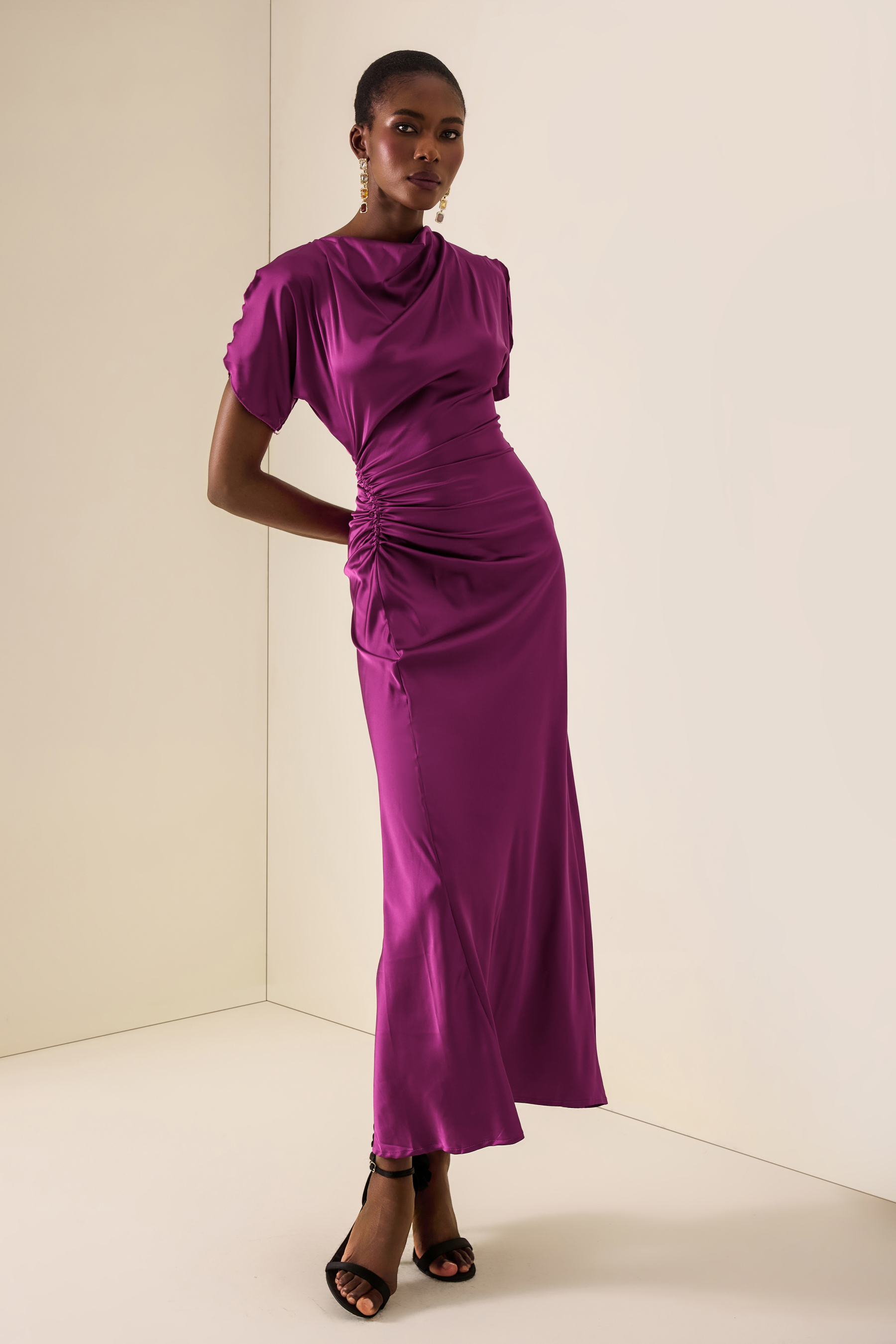 Satin Solid Ruched Maxi Dress