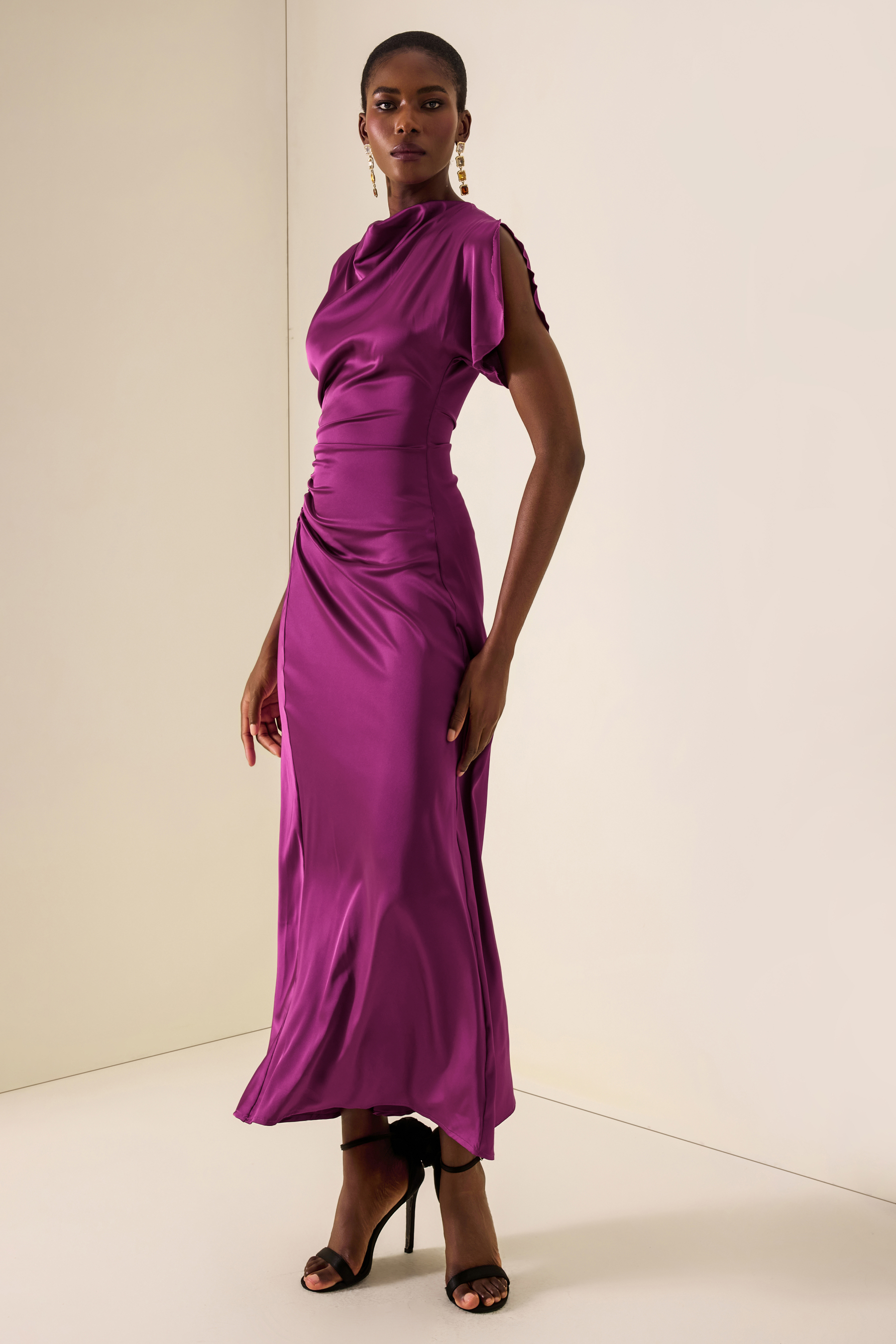 Satin Solid Ruched Maxi Dress