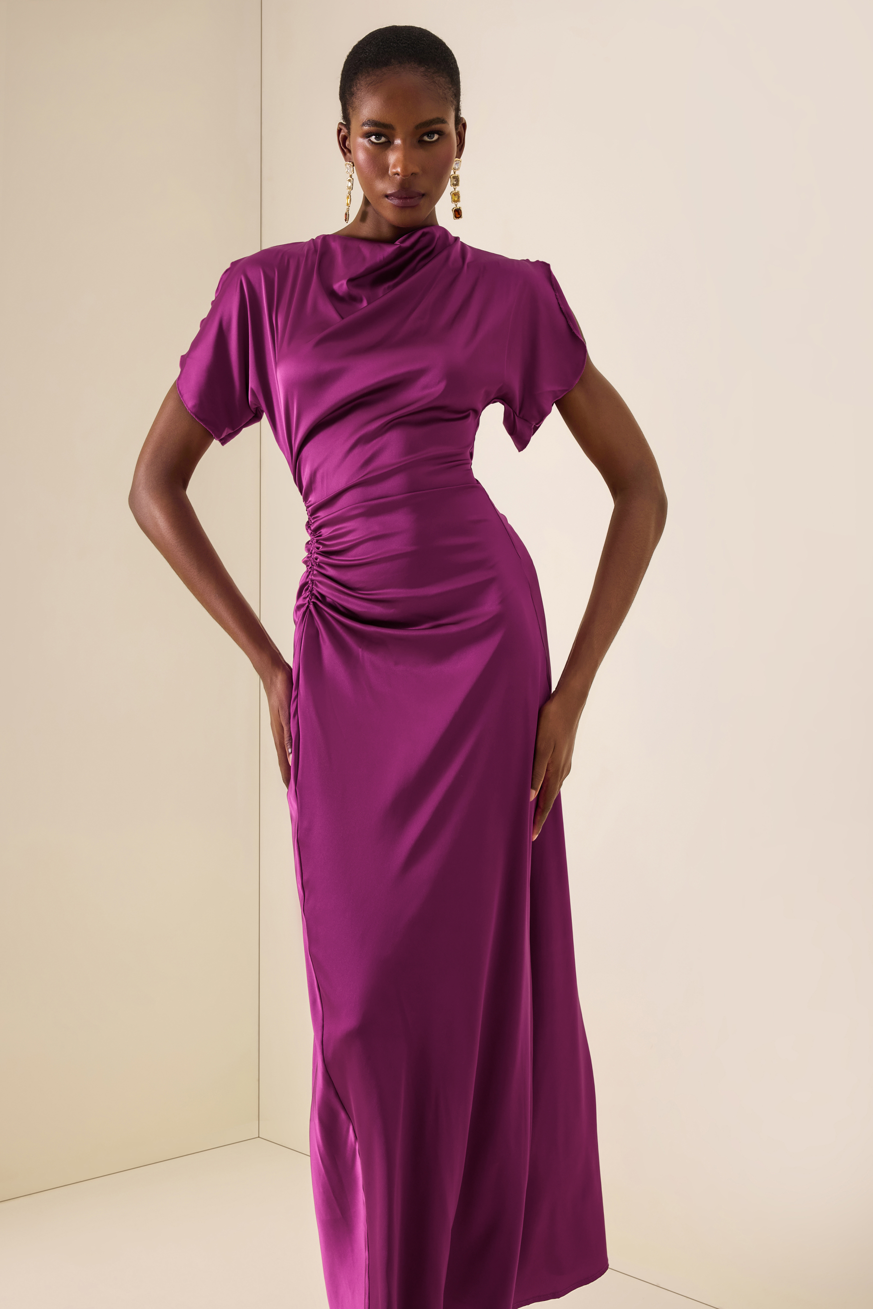Satin Solid Ruched Maxi Dress