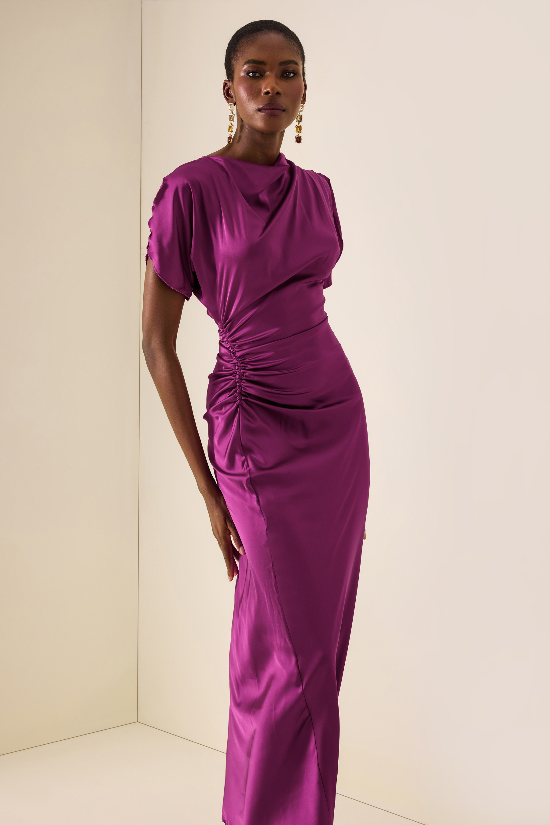 Satin Solid Ruched Maxi Dress