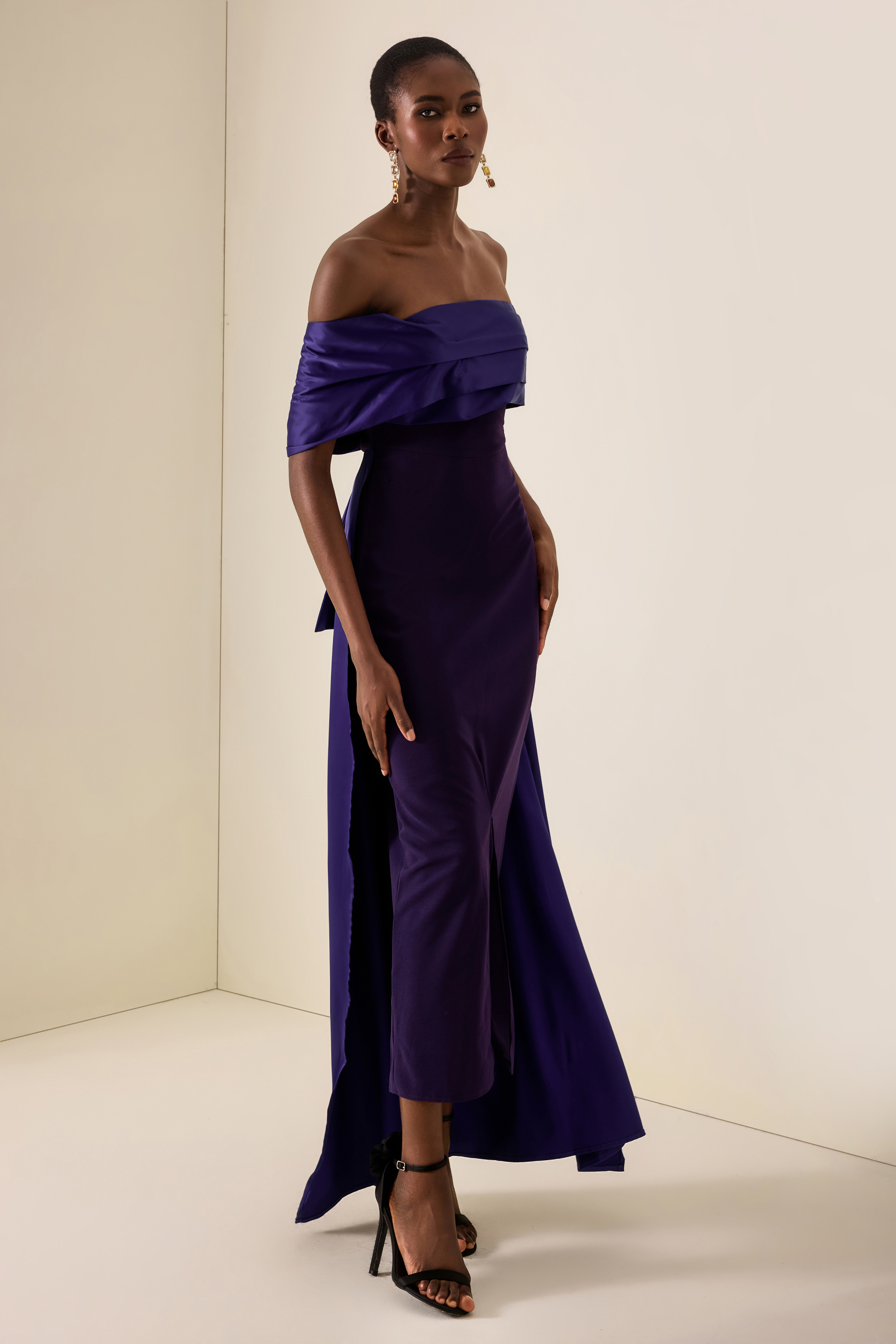 Satin Off Shoulder Pleated Maxi Dress