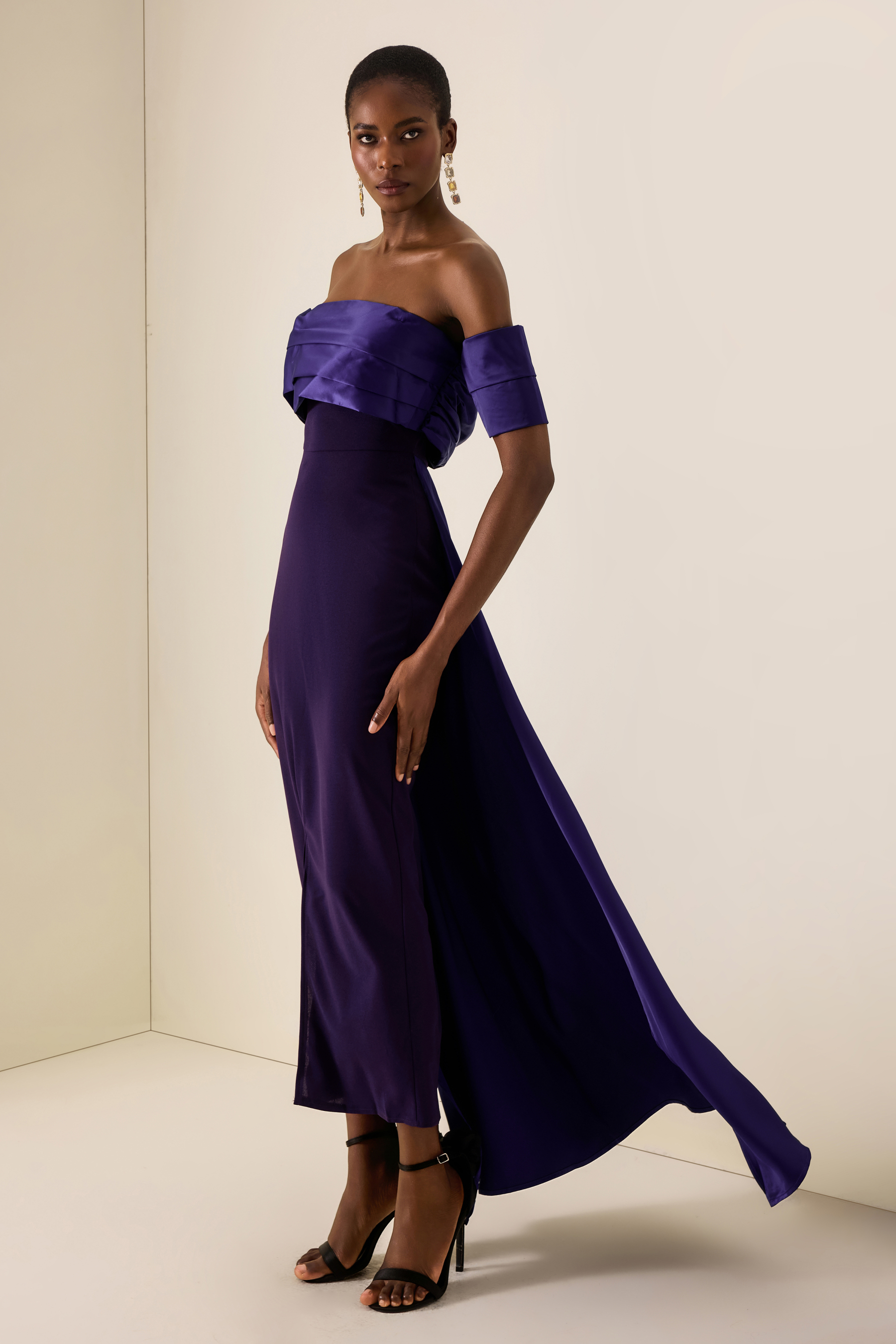 Satin Off Shoulder Pleated Maxi Dress