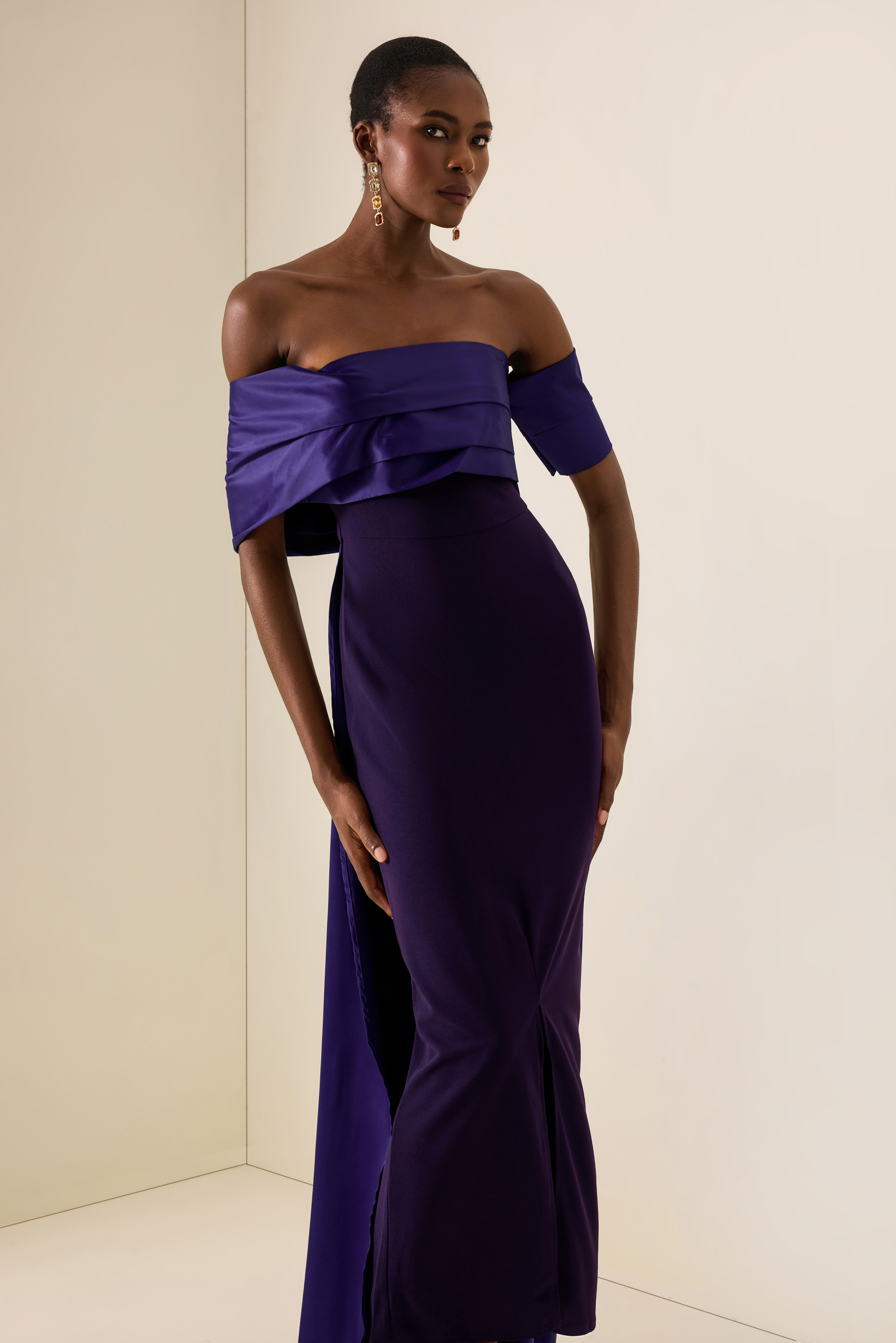 Satin Off Shoulder Pleated Maxi Dress