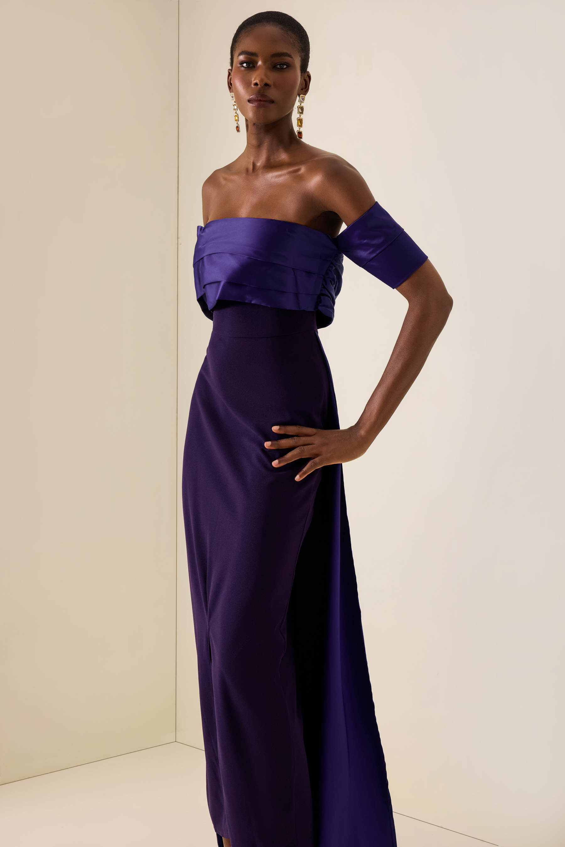 Satin Off Shoulder Pleated Maxi Dress