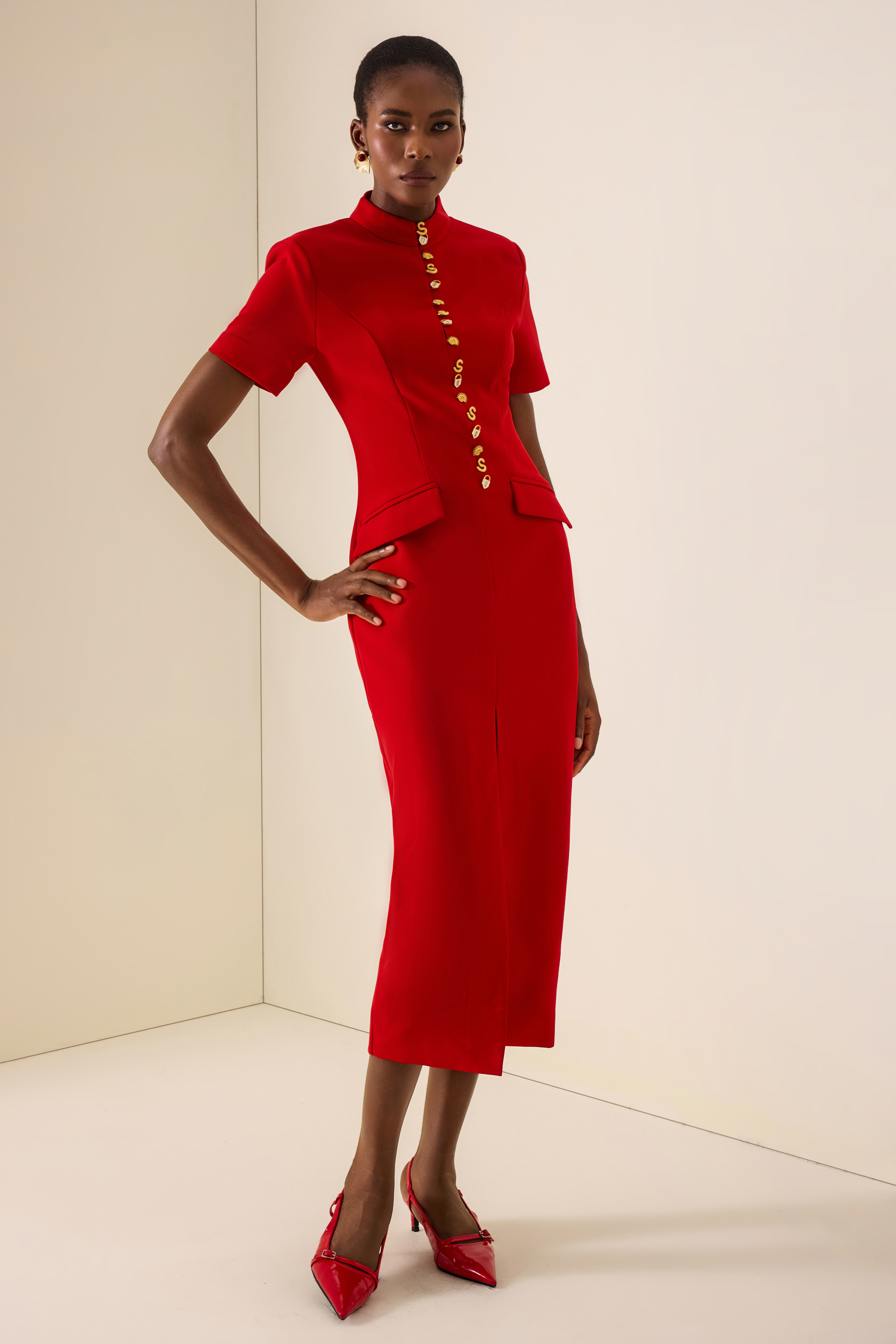 Stand Collar Metal Button Slit Midi Dress