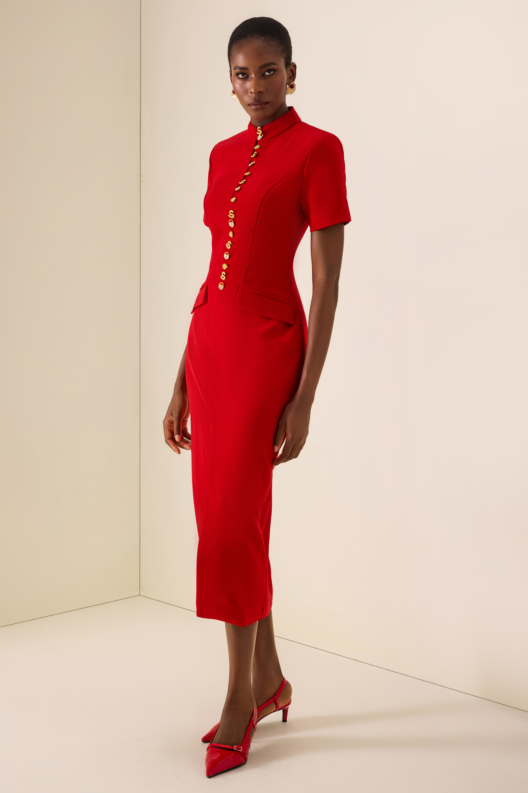 Stand Collar Metal Button Slit Midi Dress