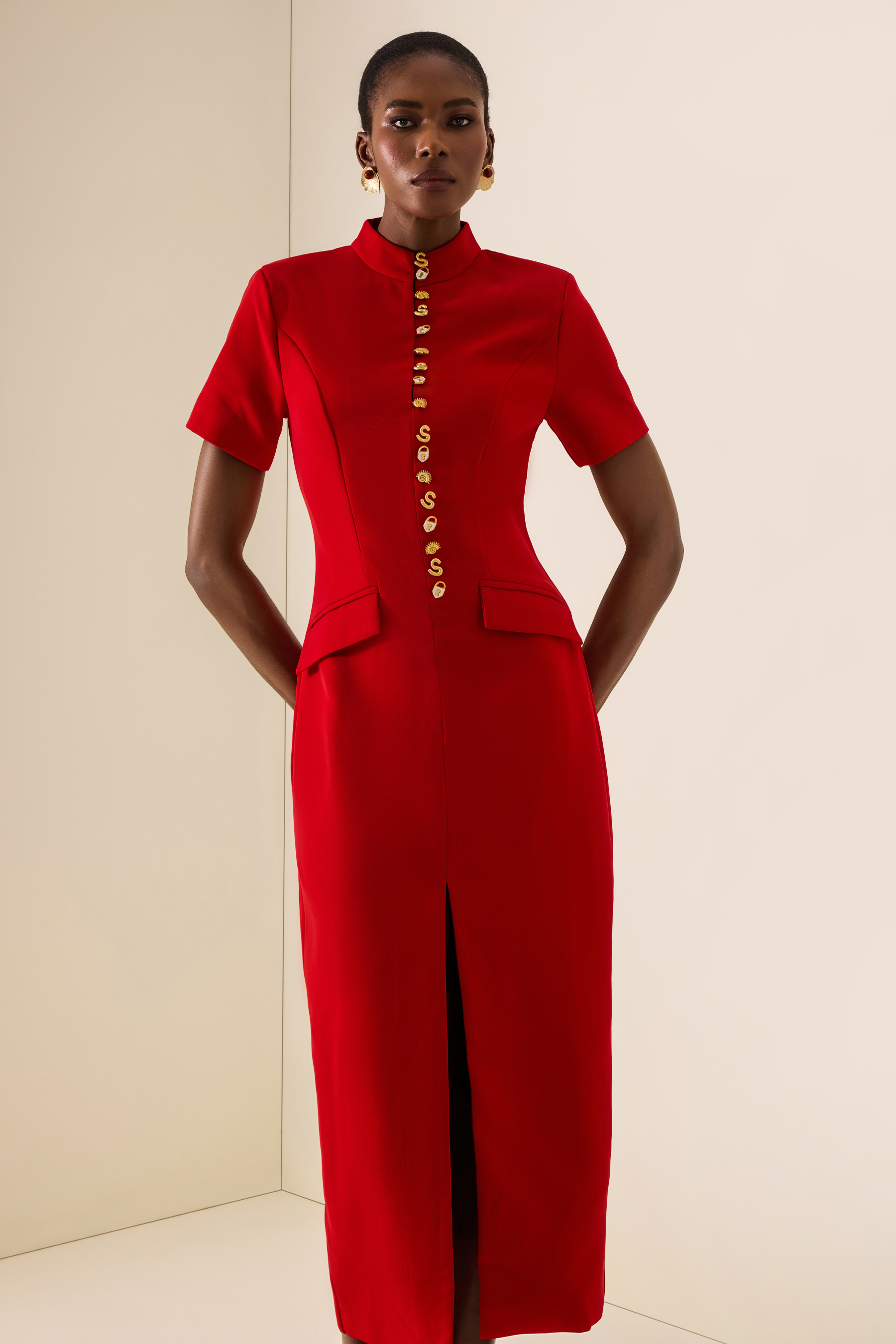 Stand Collar Metal Button Slit Midi Dress