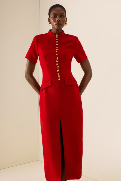 Stand Collar Metal Button Slit Midi Dress