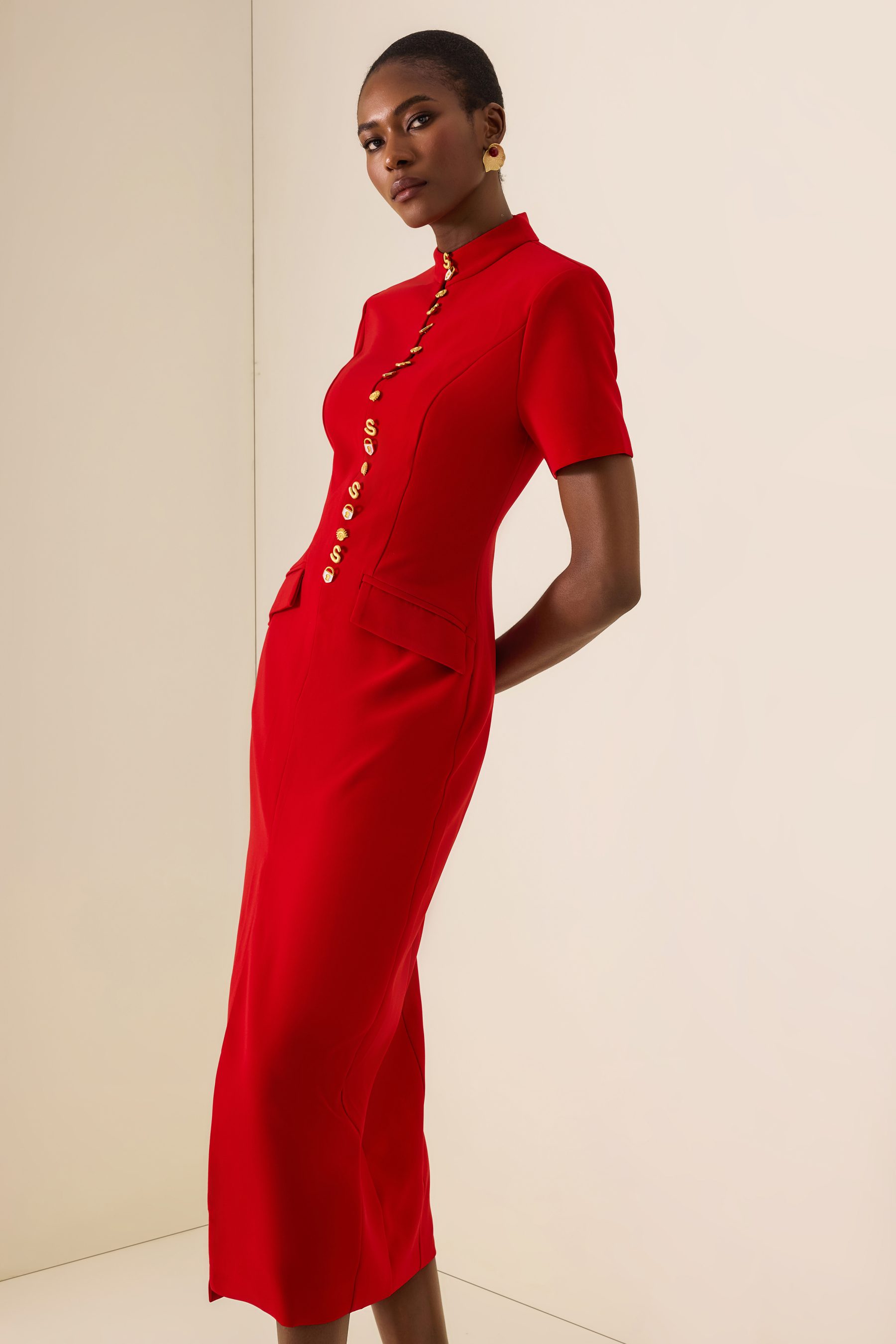 Stand Collar Metal Button Slit Midi Dress