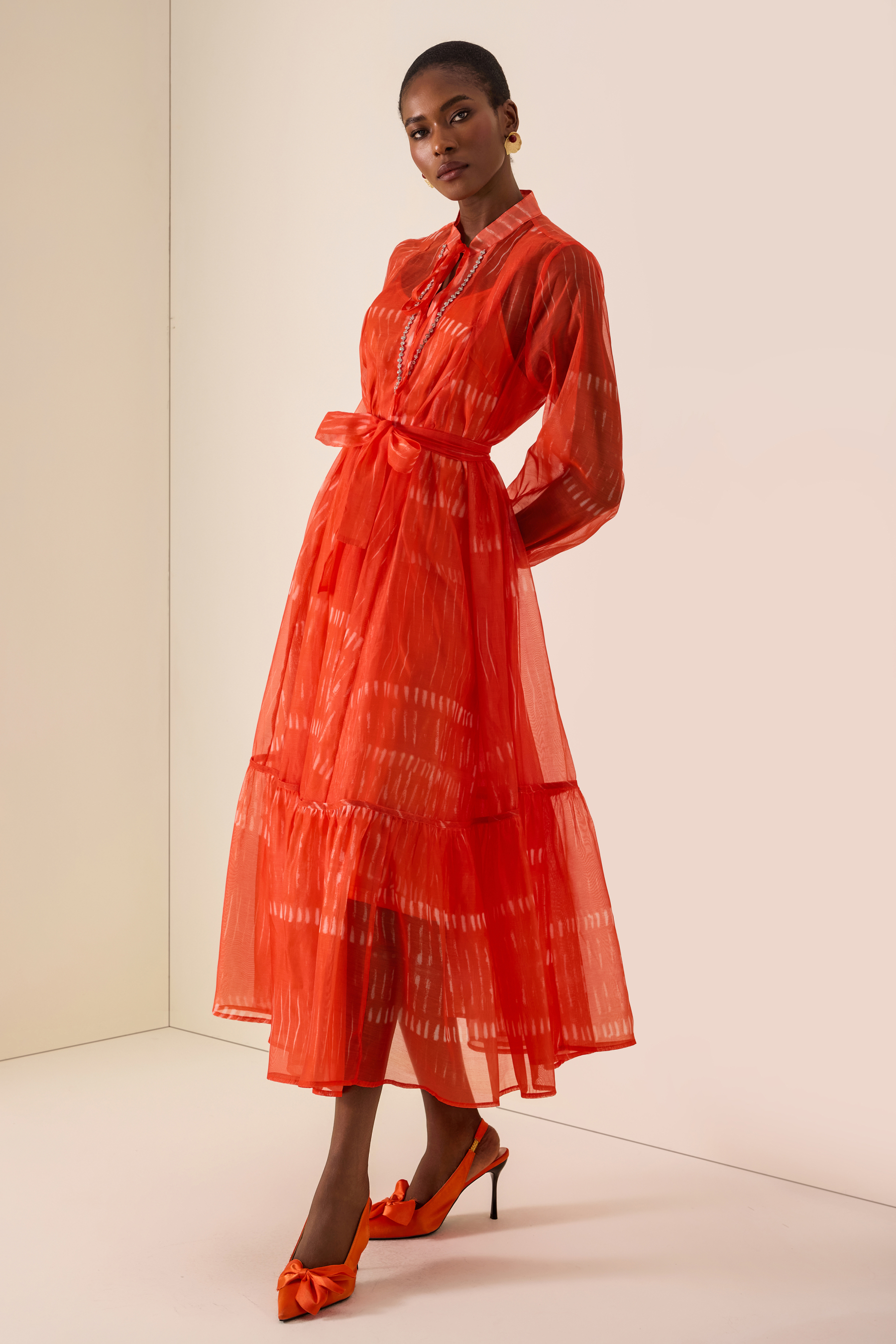 Rhinestone Rivets V-Neck Lace-Up Midi Dress