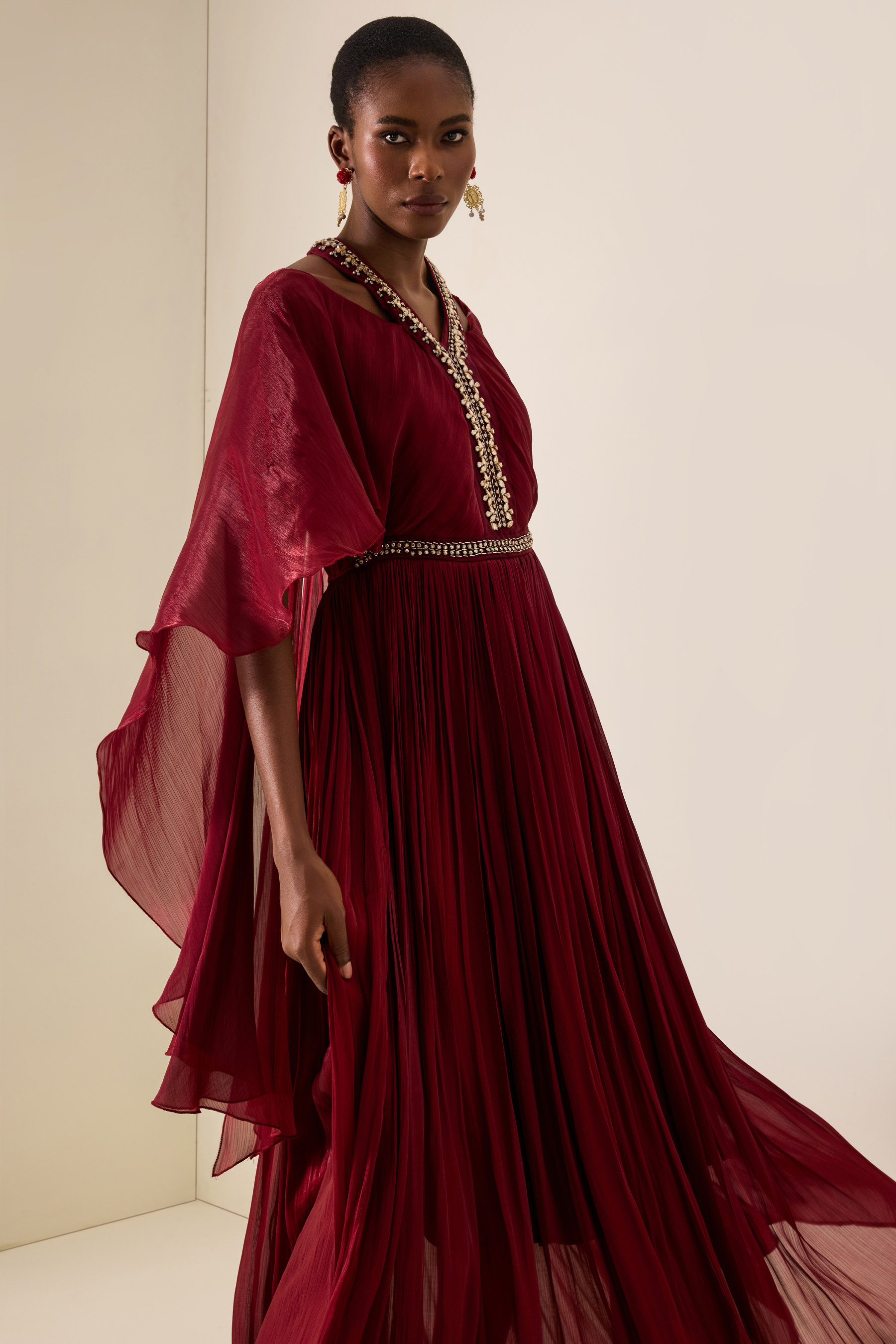 Rhinestone Rivets Cape Sleeve Midi Dress
