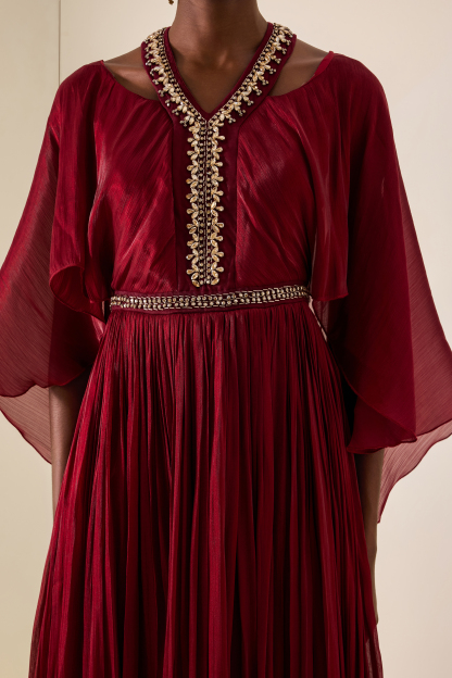 Rhinestone Rivets Cape Sleeve Midi Dress