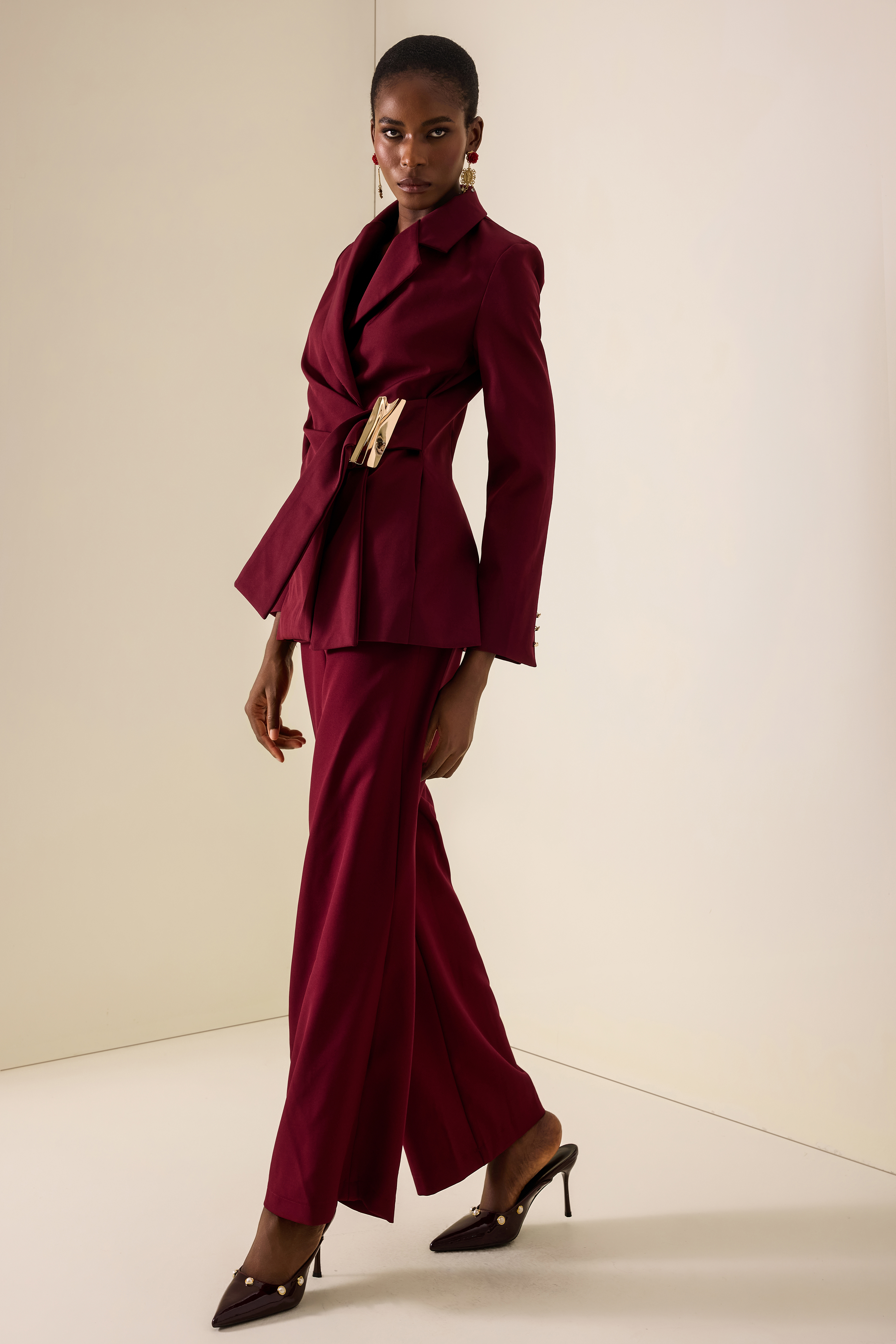 Metal Decorations Ruched Blazer & Pants Set
