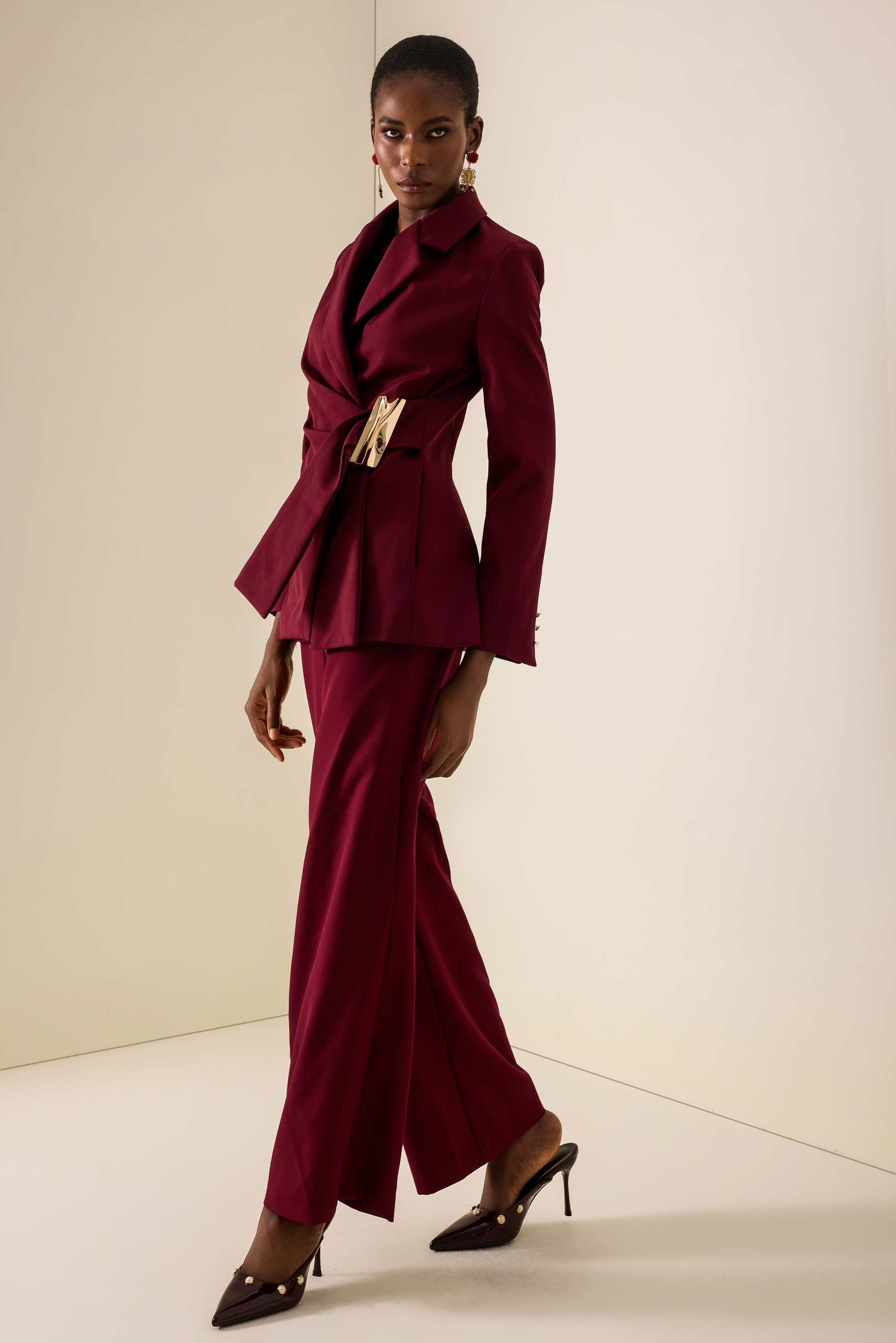 Metal Decorations Ruched Blazer & Pants Set