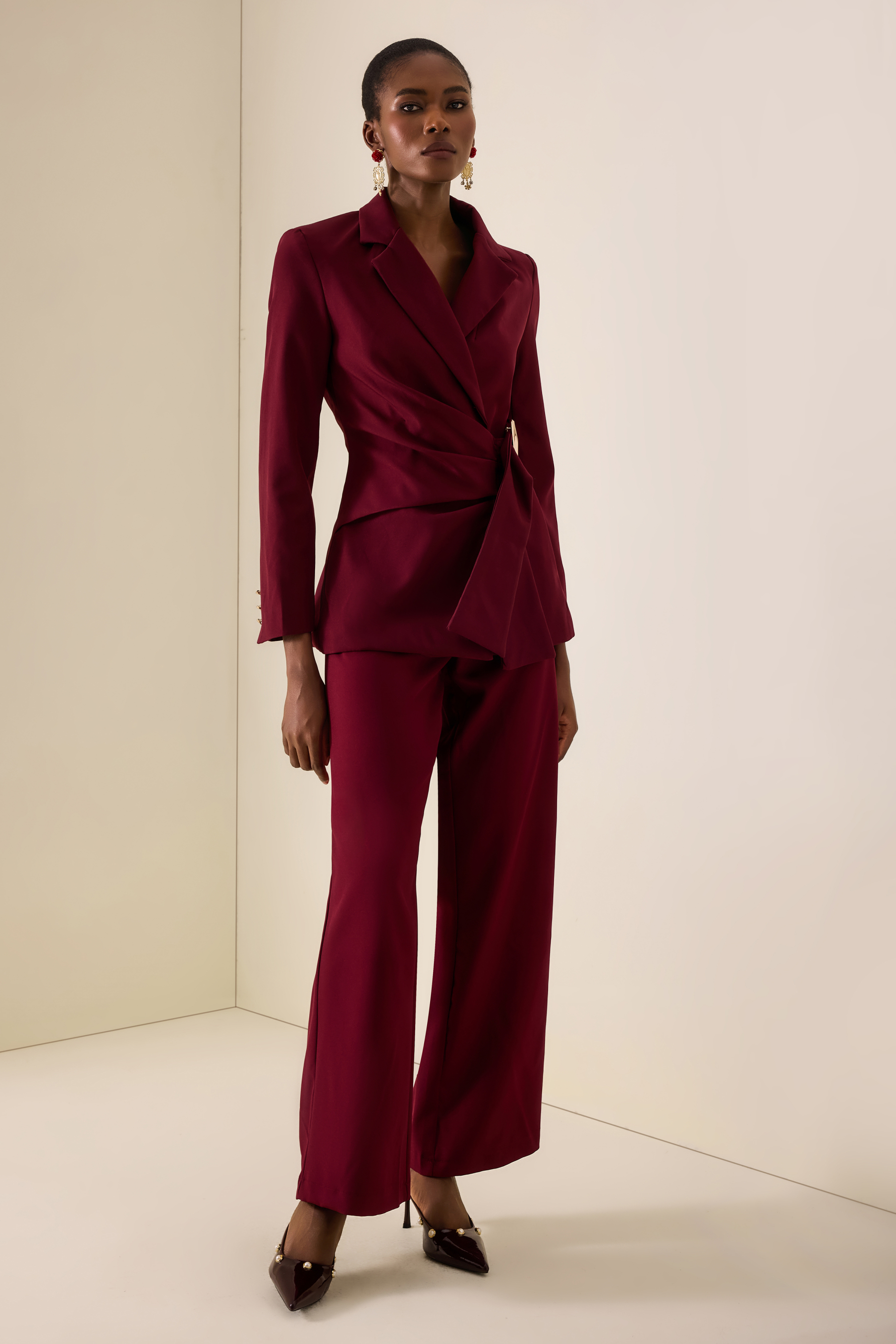Metal Decorations Ruched Blazer & Pants Set