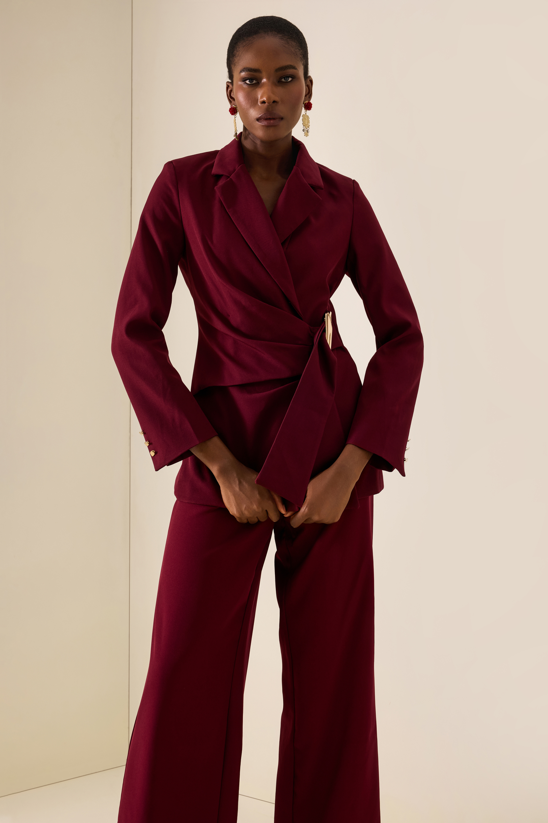 Metal Decorations Ruched Blazer & Pants Set