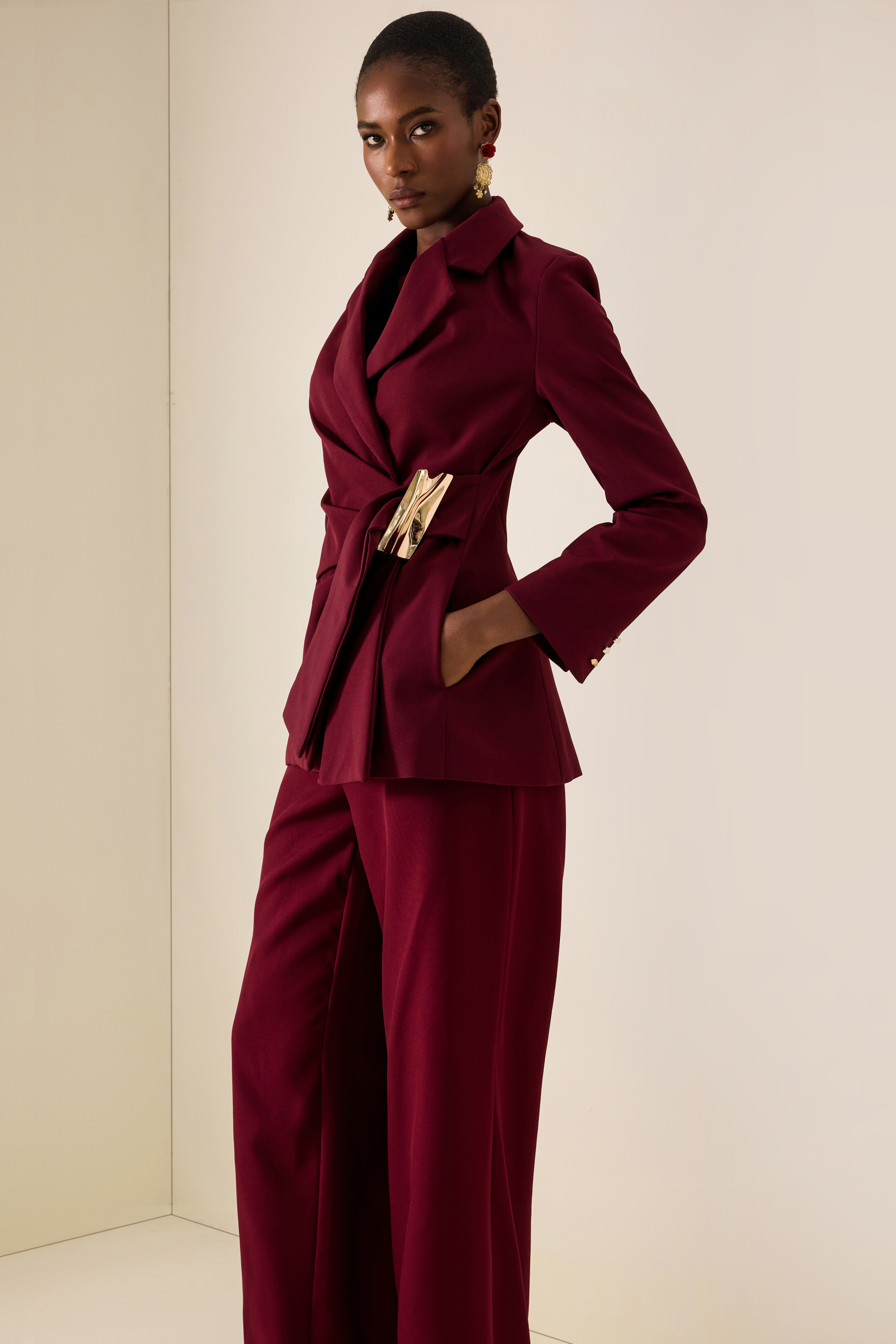 Metal Decorations Ruched Blazer & Pants Set