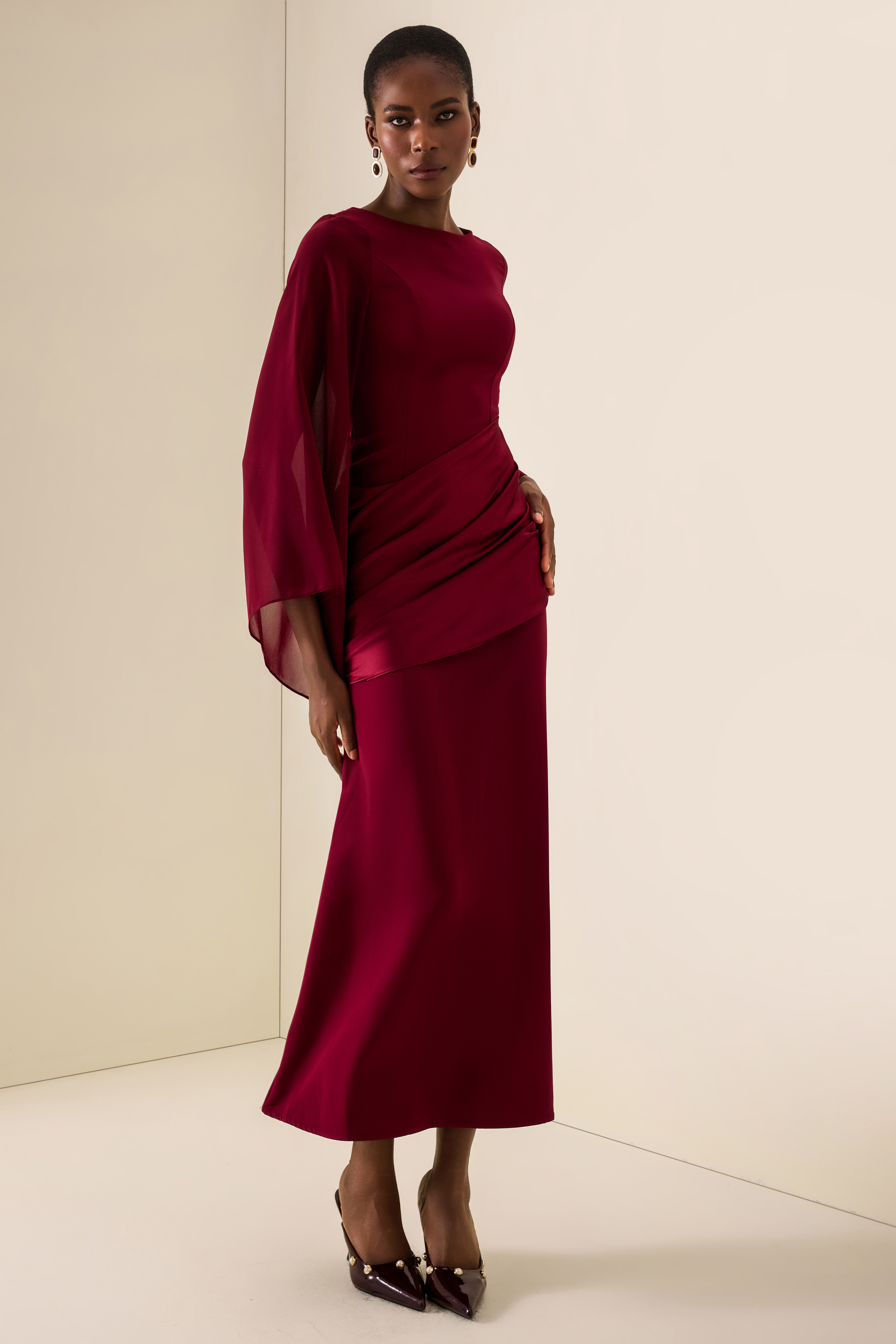Waterfall Sleeves Pleated Maxi Dress