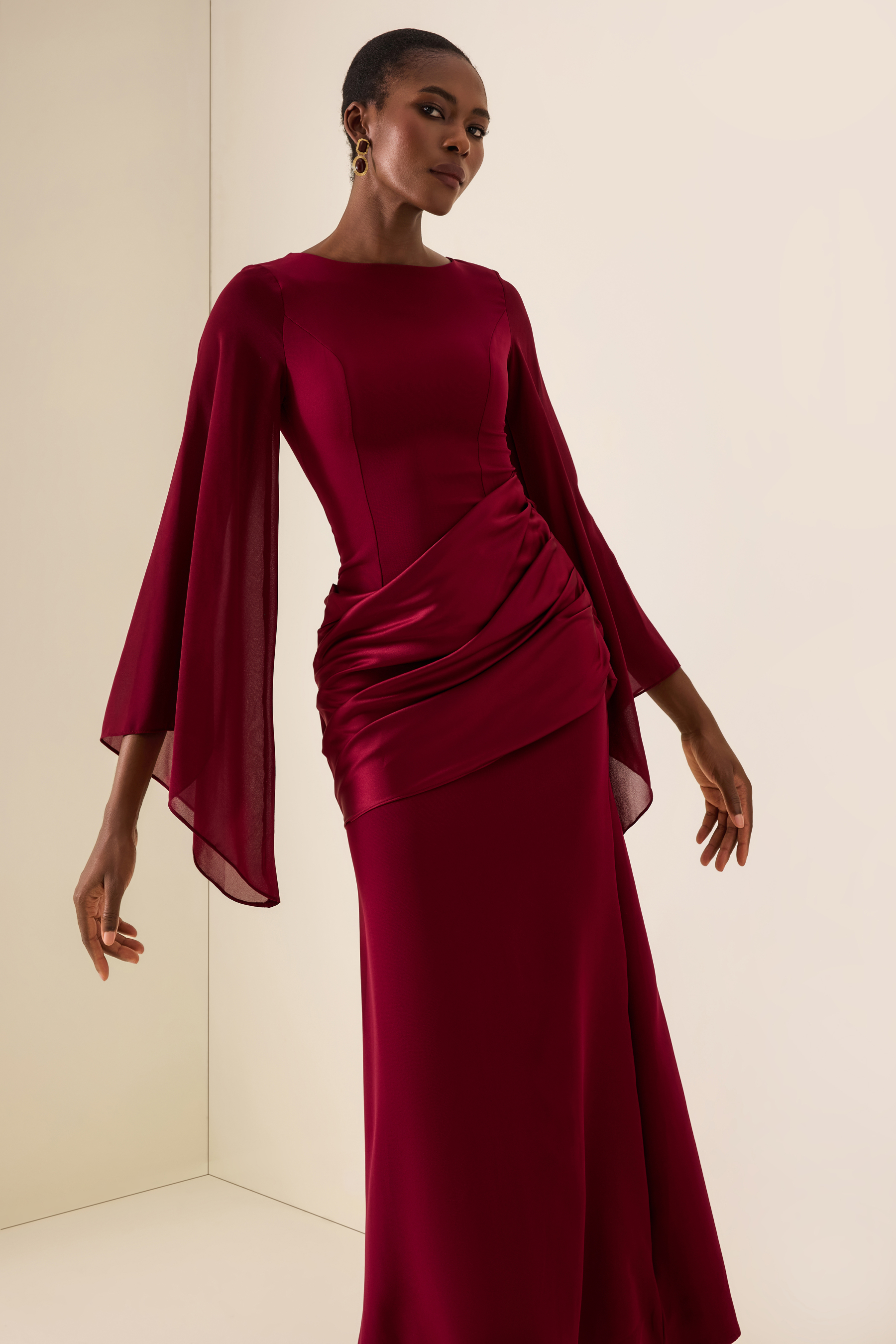 Waterfall Sleeves Pleated Maxi Dress