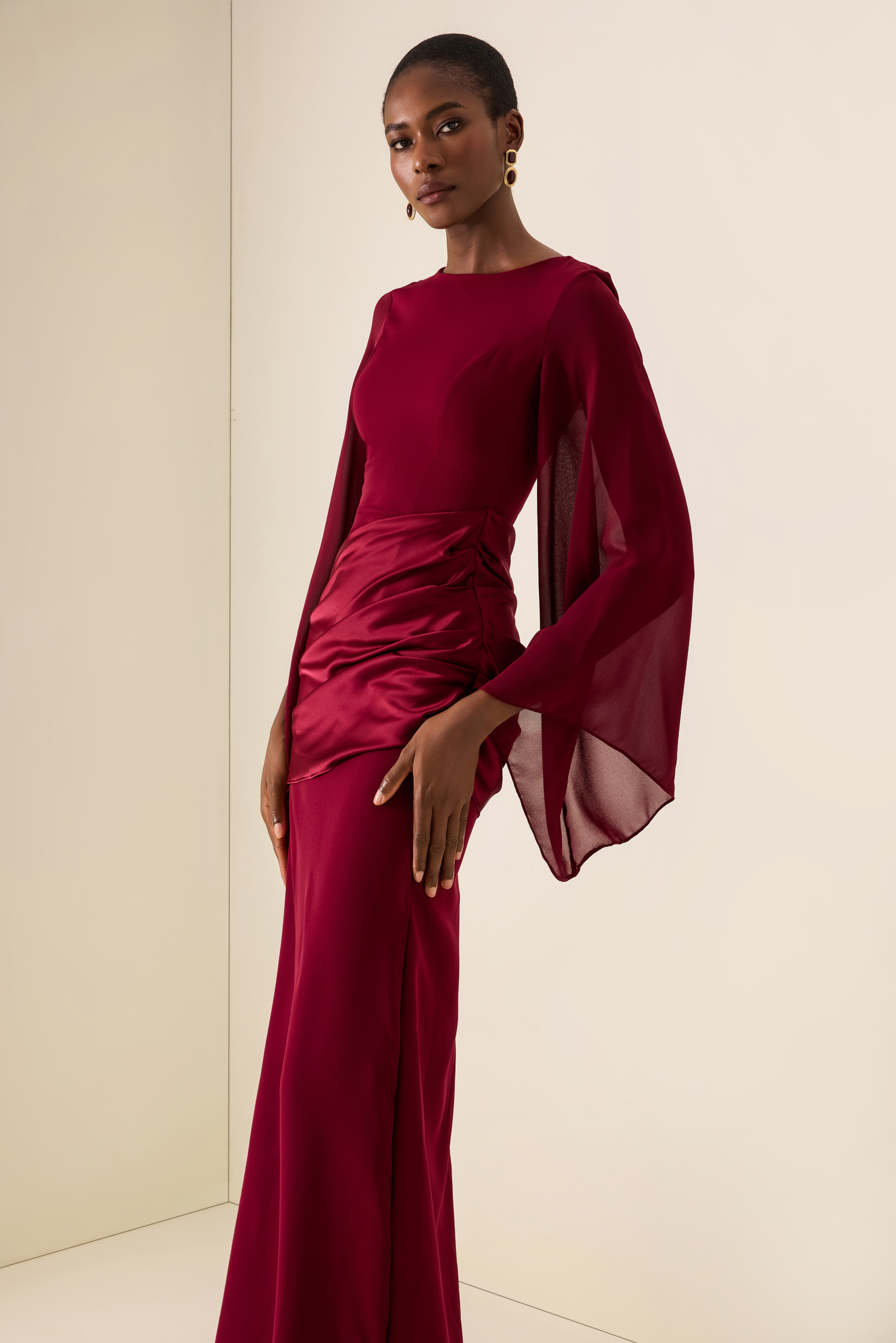 Waterfall Sleeves Pleated Maxi Dress