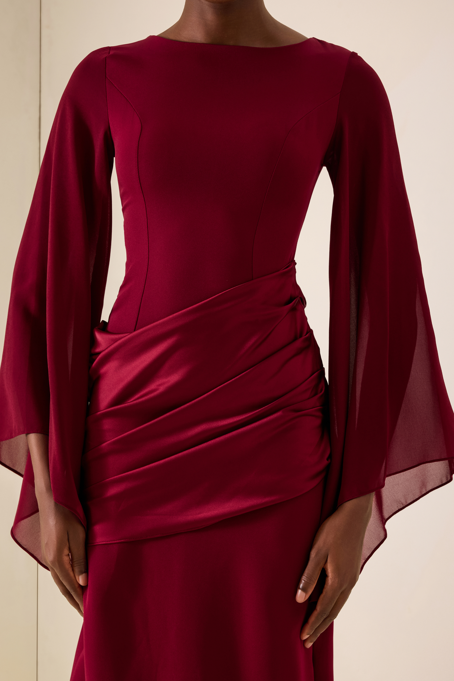 Waterfall Sleeves Pleated Maxi Dress