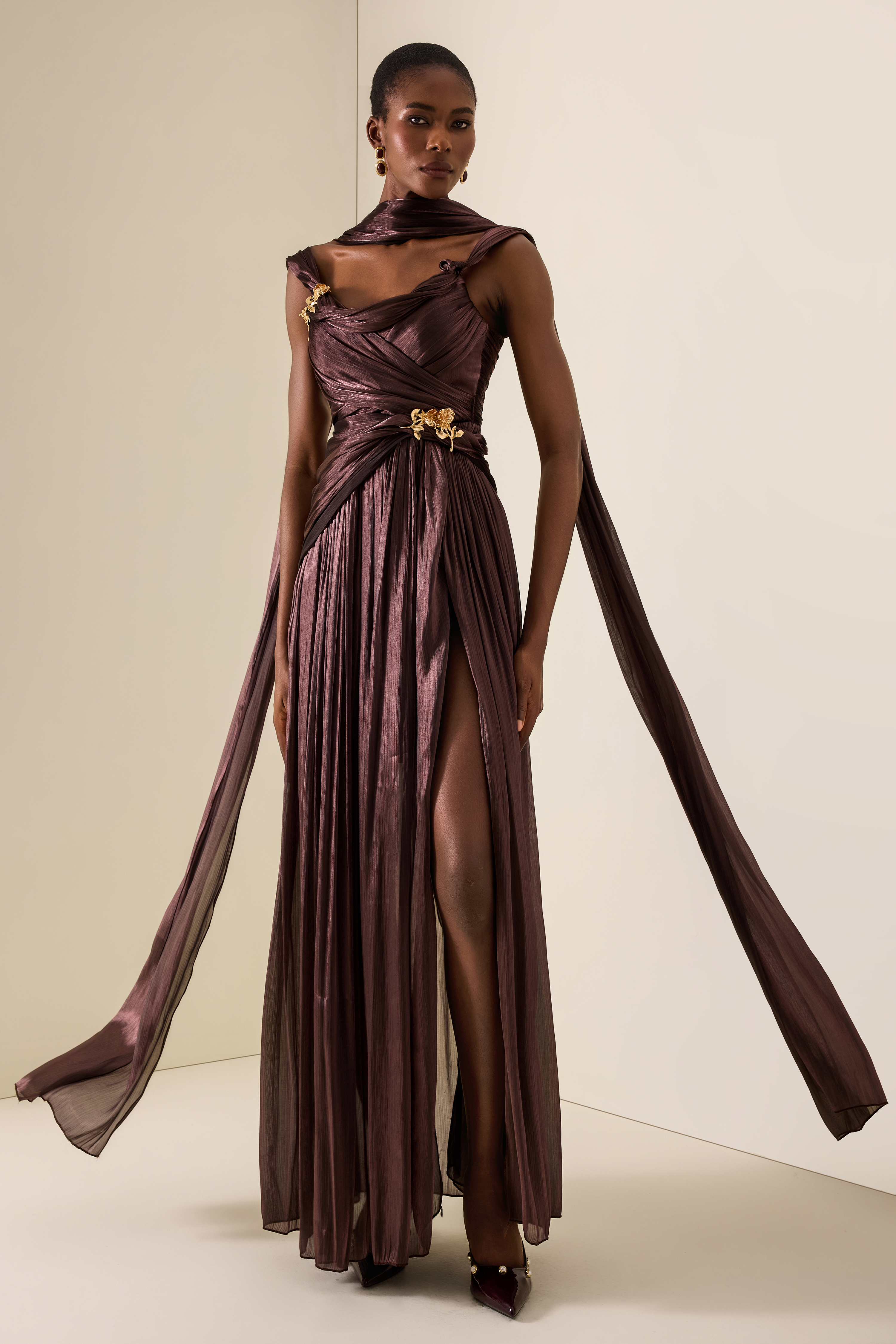 Metal Decorations Ruched Off Shoulder Maxi Dress
