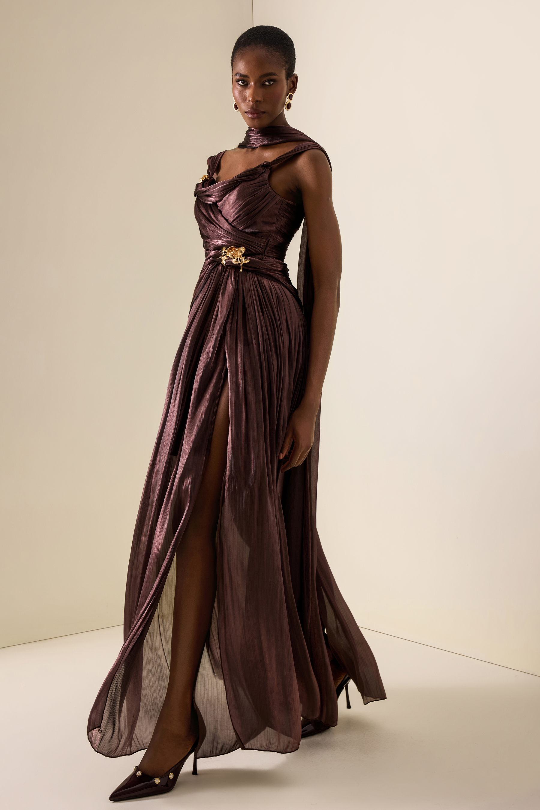 Metal Decorations Ruched Off Shoulder Maxi Dress