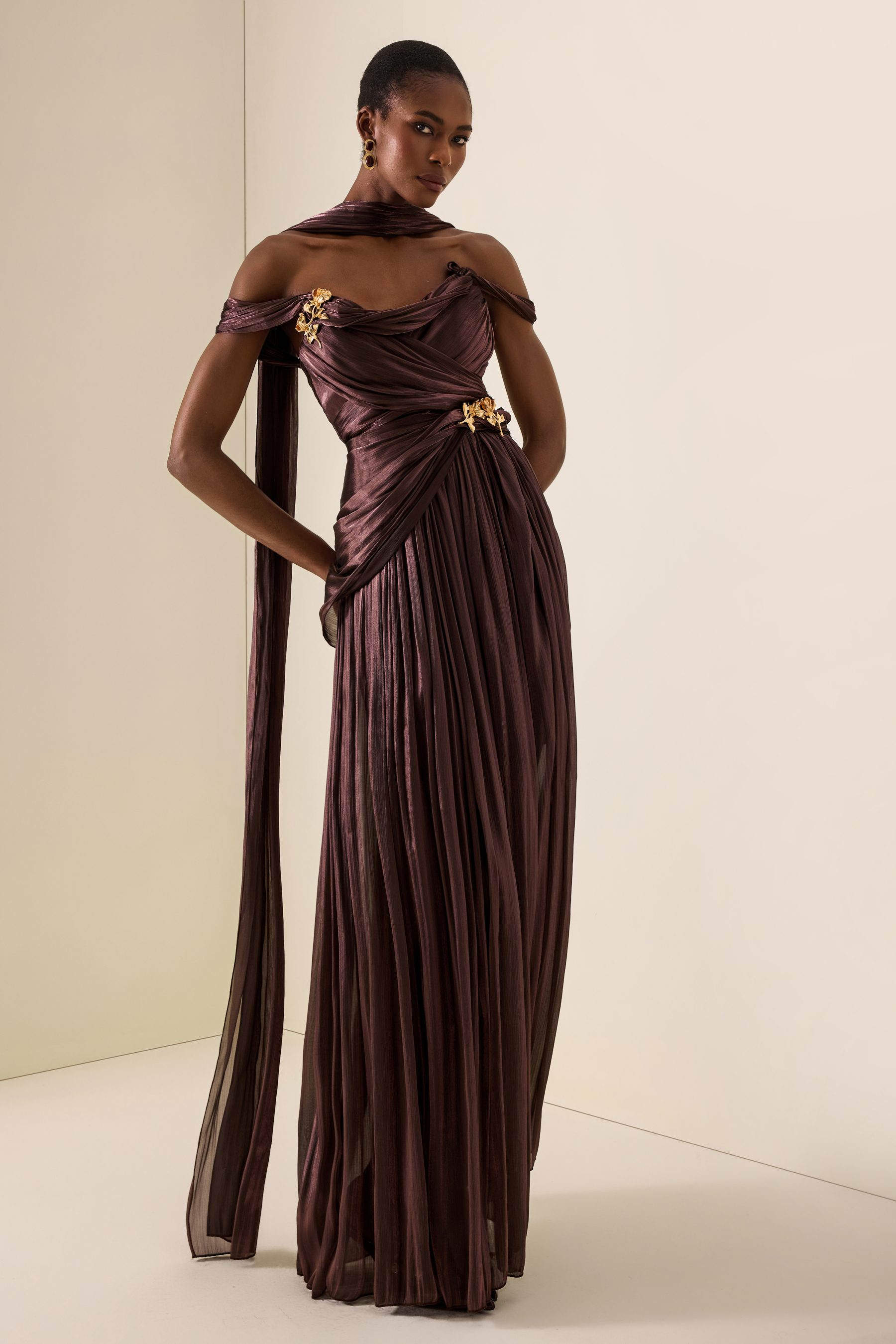 Metal Decorations Ruched Off Shoulder Maxi Dress
