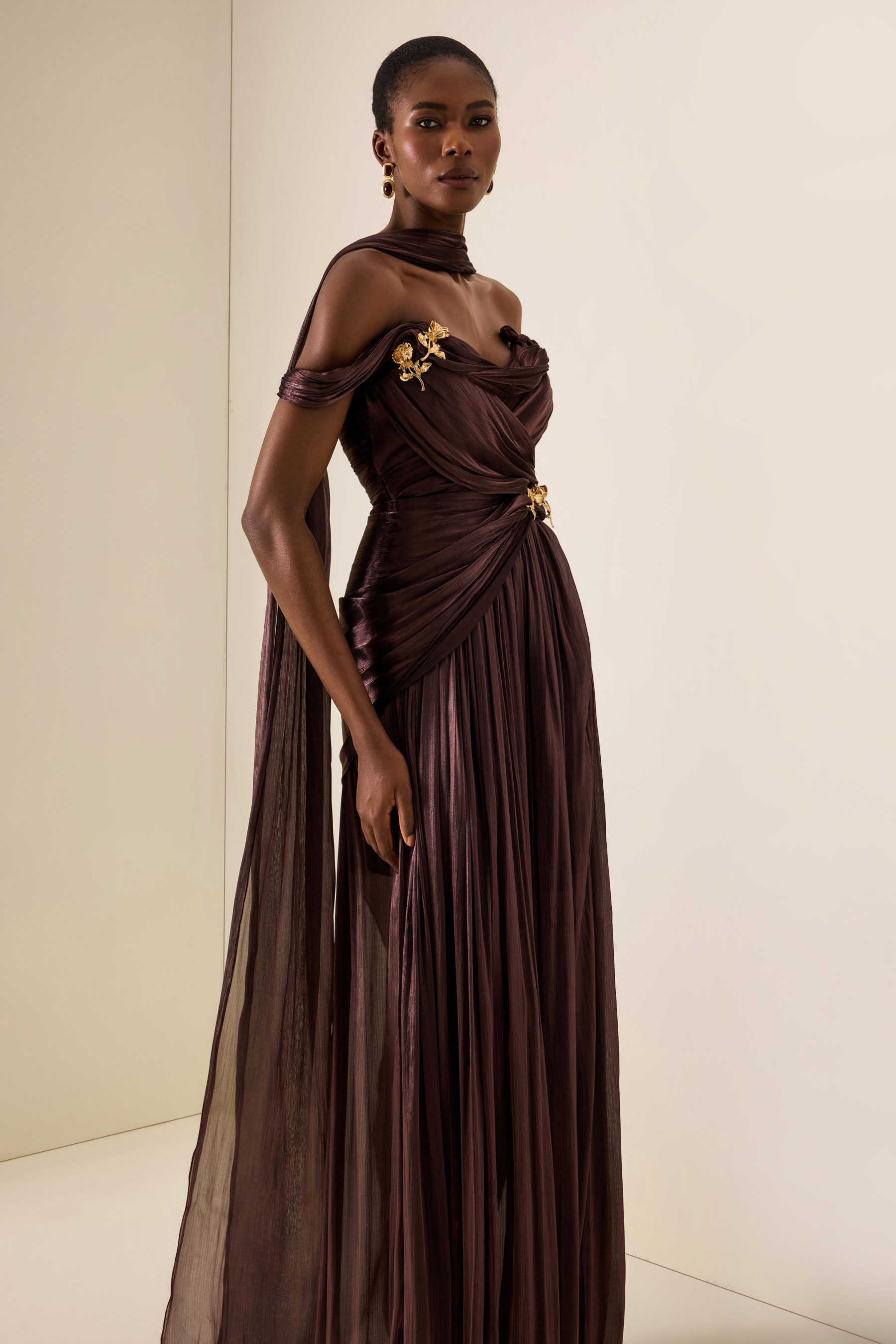 Metal Decorations Ruched Off Shoulder Maxi Dress