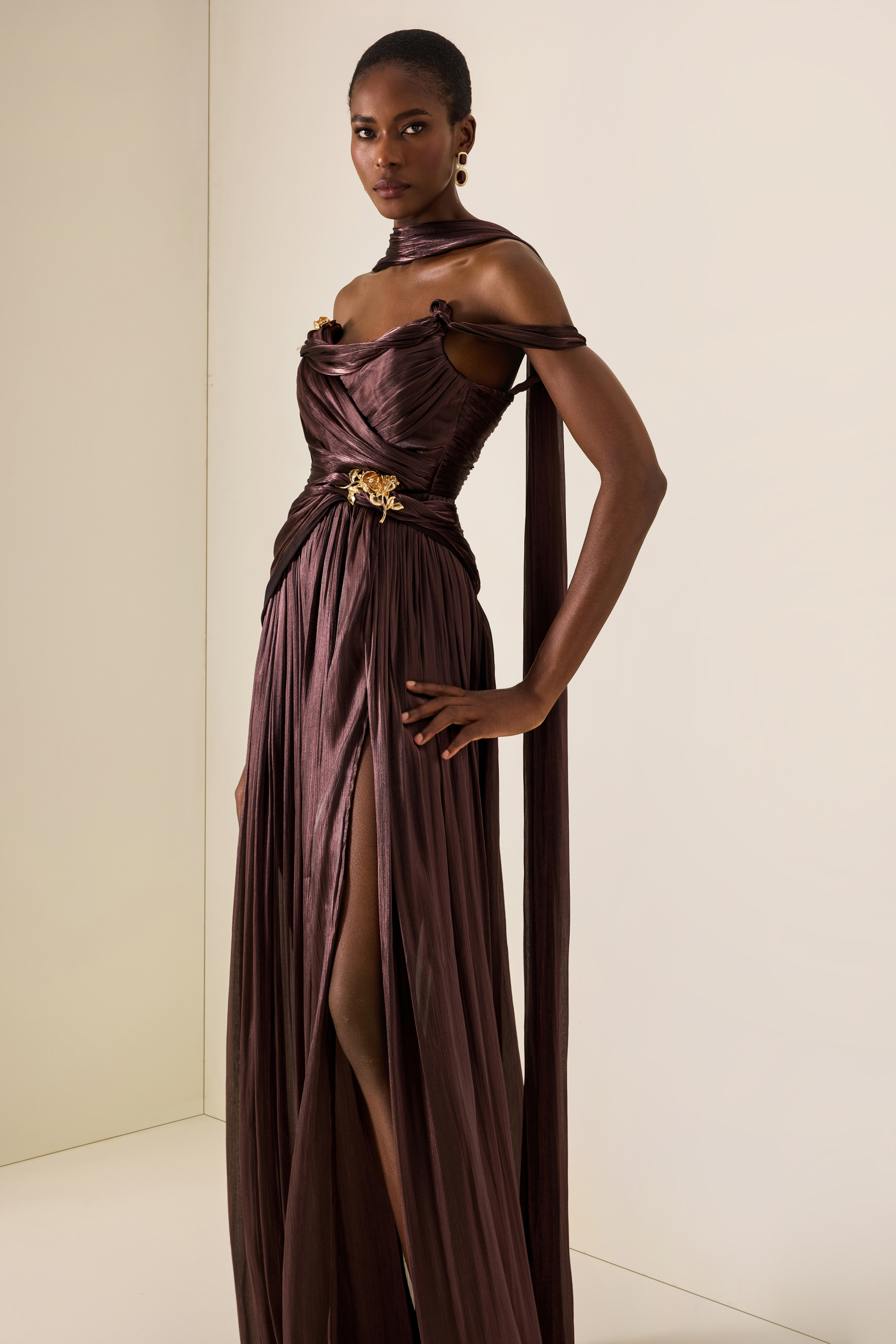 Metal Decorations Ruched Off Shoulder Maxi Dress