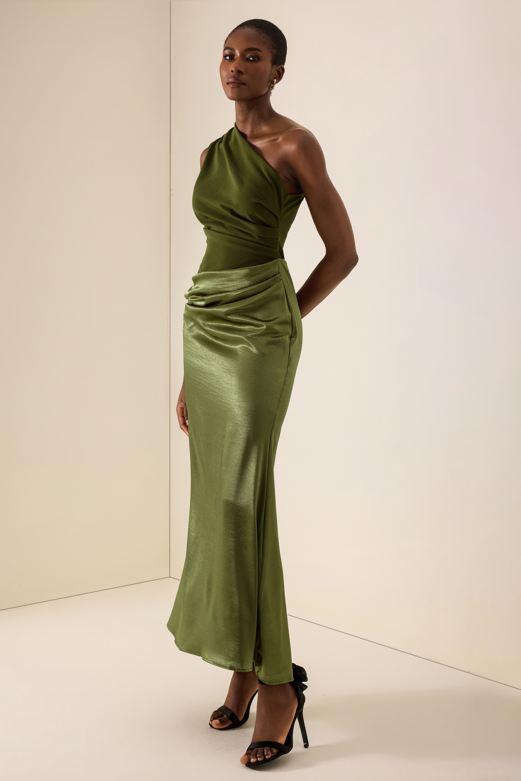 One Shoulder Pleat Maxi Dress