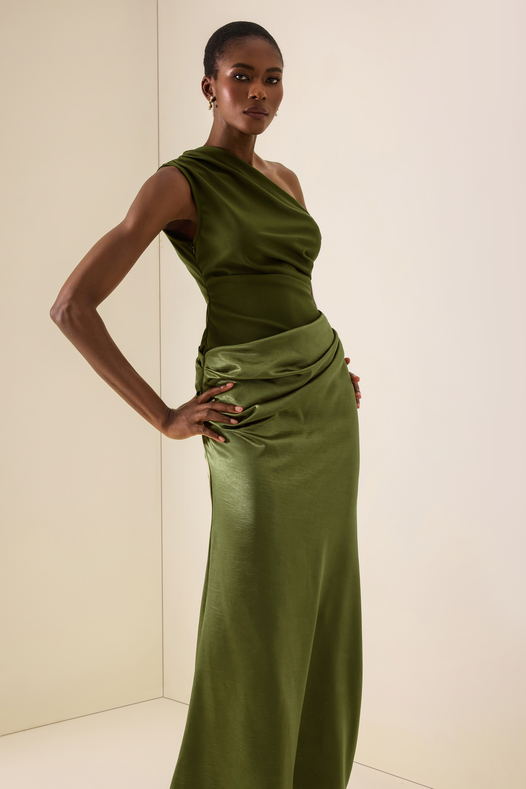 One Shoulder Pleat Maxi Dress