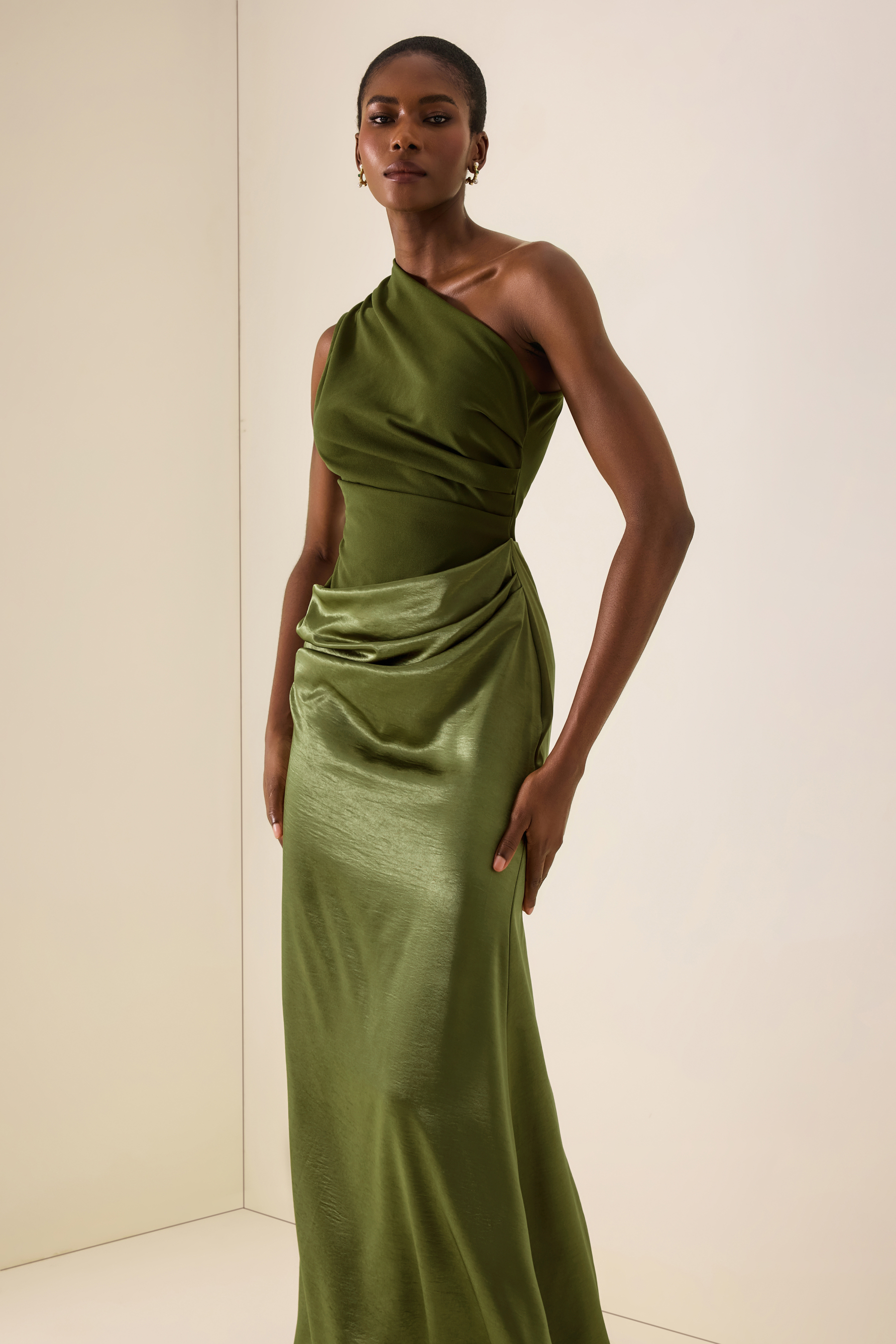 One Shoulder Pleat Maxi Dress