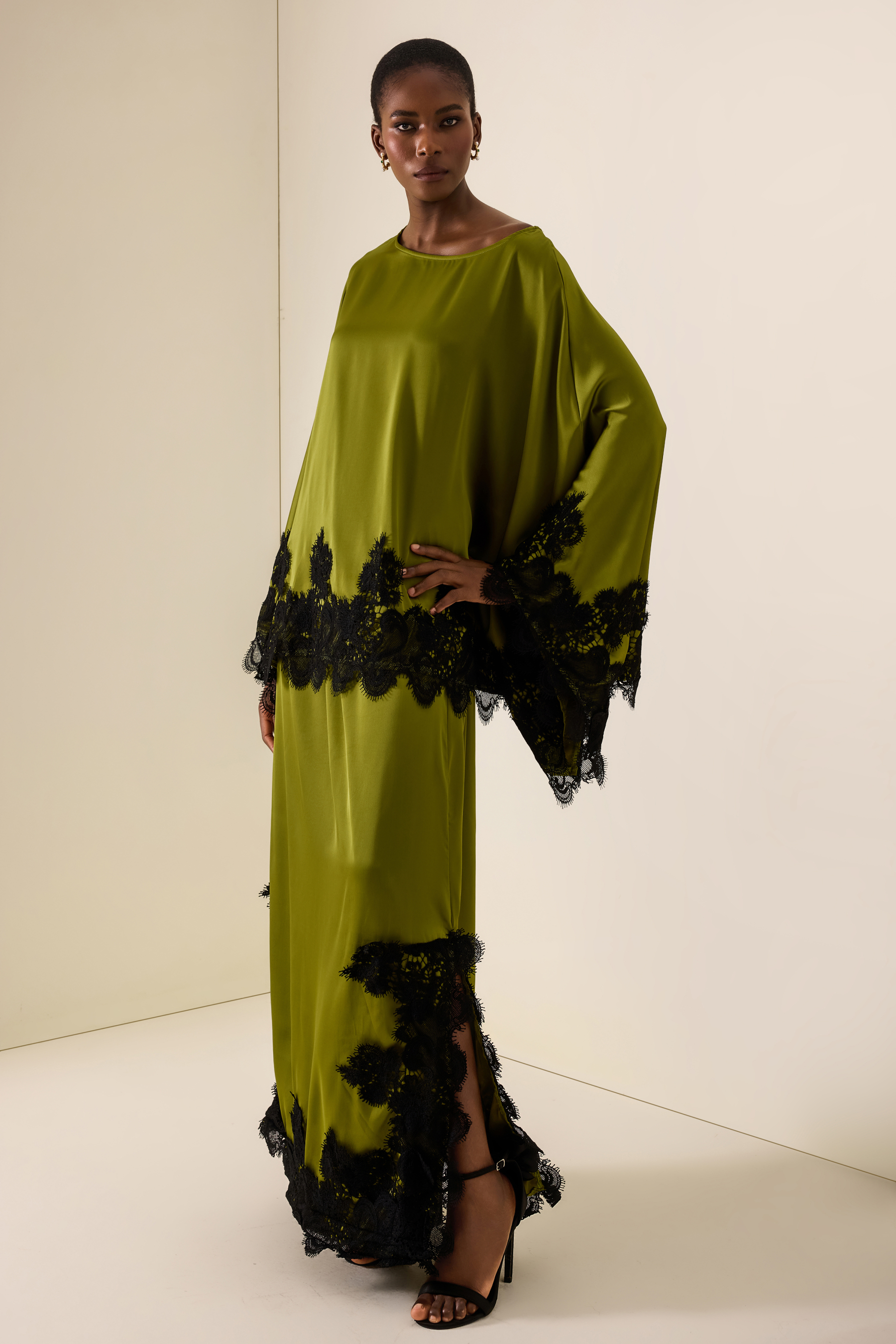 Lace Skew Collar Batwing Sleeve Top & Mid Waist Maxi Skirt Set